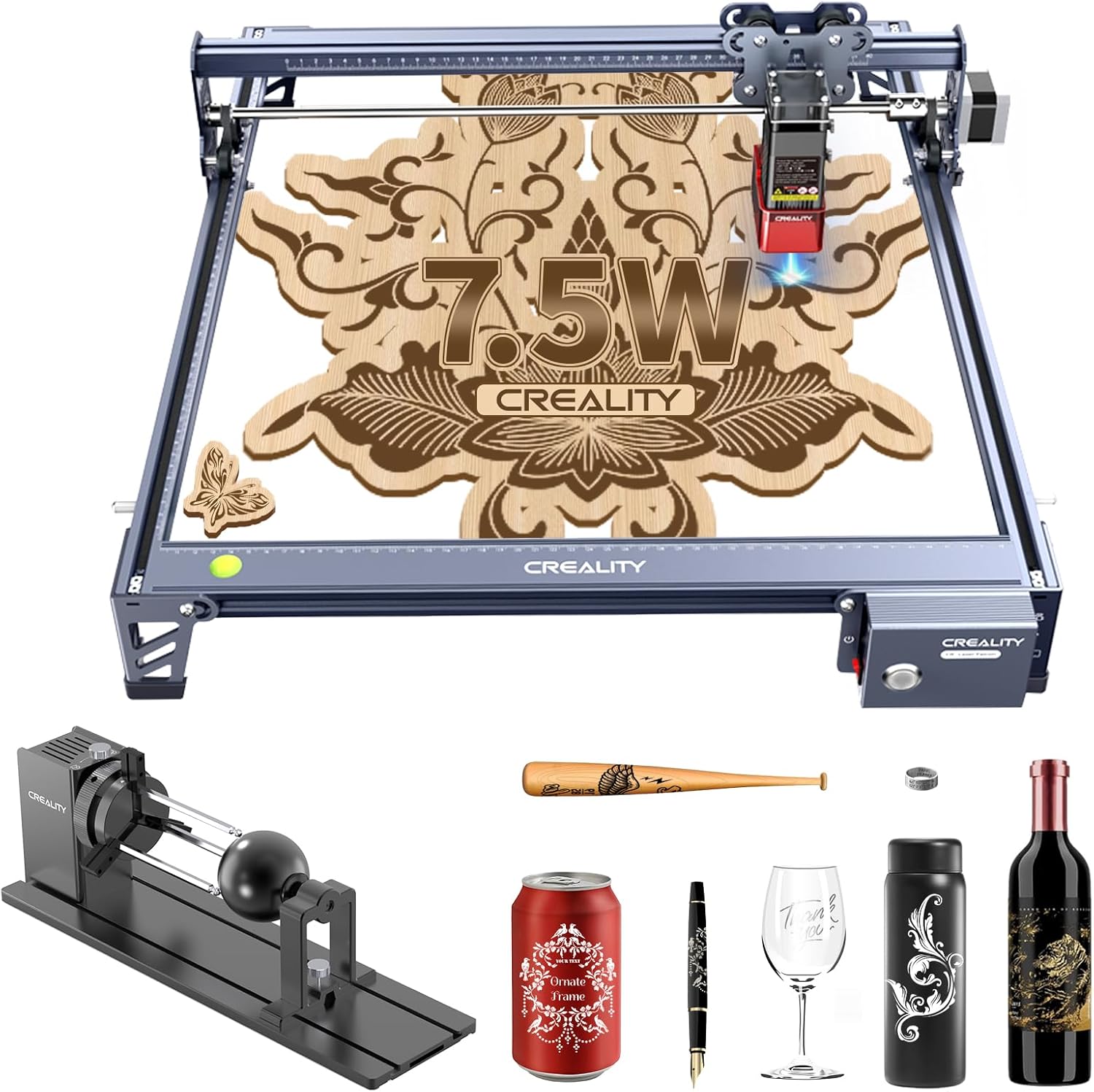 Pro Laser Engraver 3 in 1 Rotary Roller, 7.5W Cutter for Glass, Wood, Metal, Acrylic, Leather &ndash; High Accuracy DIY Machine