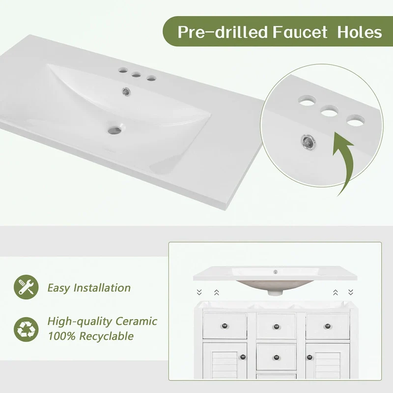Bathroom Vanity with Ceramic Basin, Two Cabinets and Five Drawers