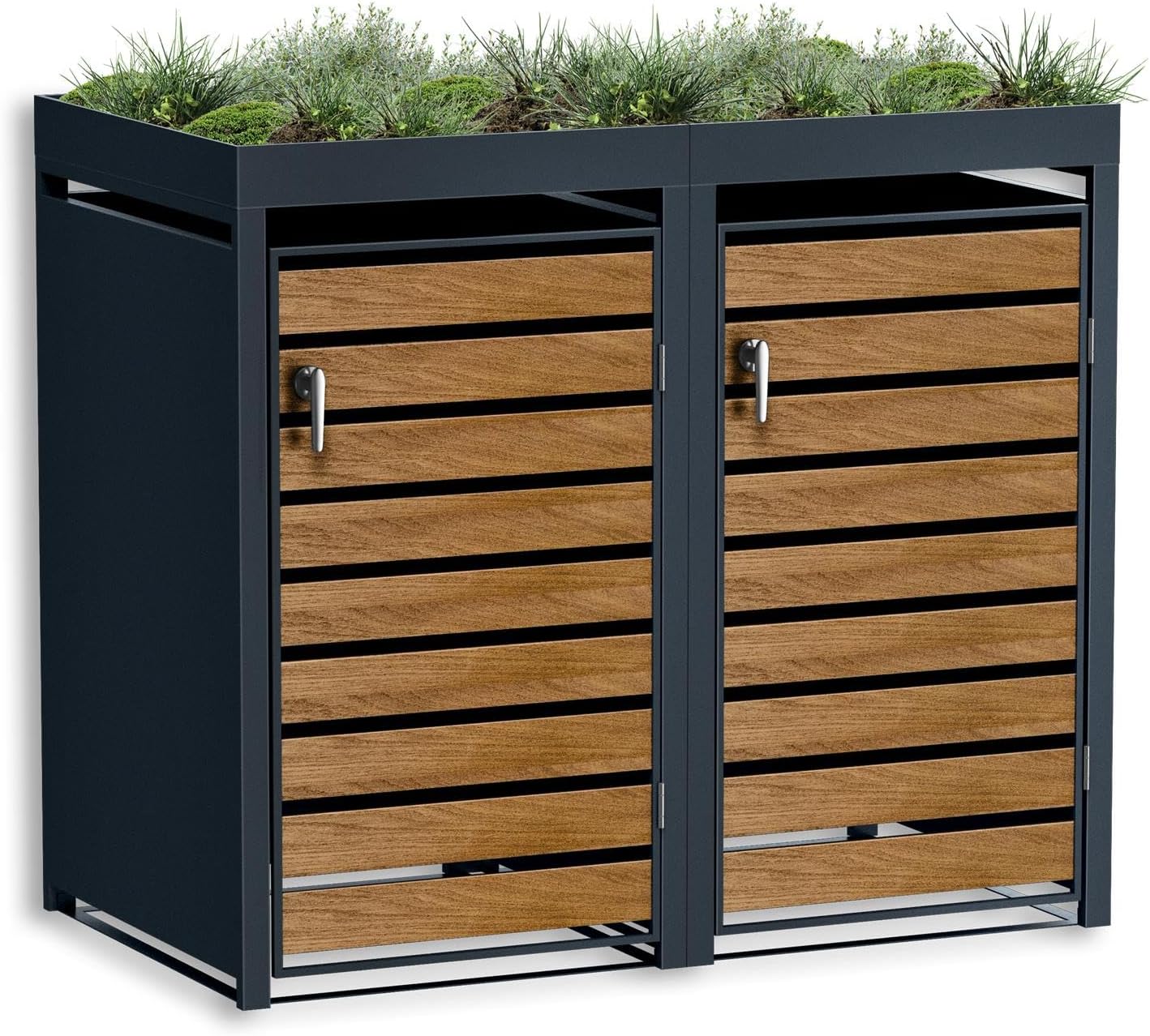Metzler Mülltonnenbox 2er 240L in Anthrazit & Holzoptik mit Pflanzdach & Sichtstreifen, Mülltonnenverkleidung 2 Tonnen mit Automatikdeckel, Müllbox mit pulverbeschichtetem Stahl rostfrei, abschließbar