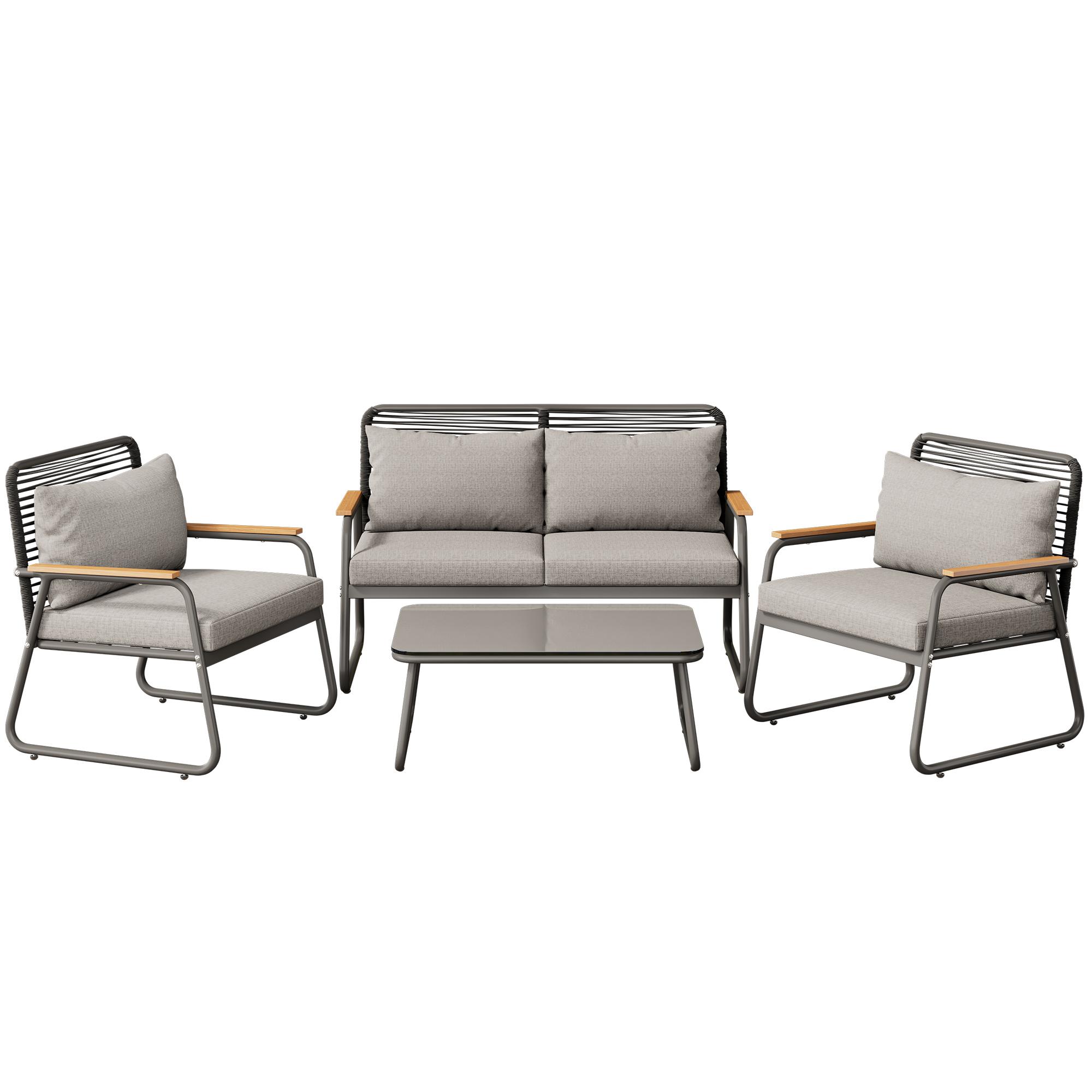Garten-Lounge-Set für 4 Personen, mit Doppelsofa, 2 Einzelsofas und 1 Couchtisch, Grau