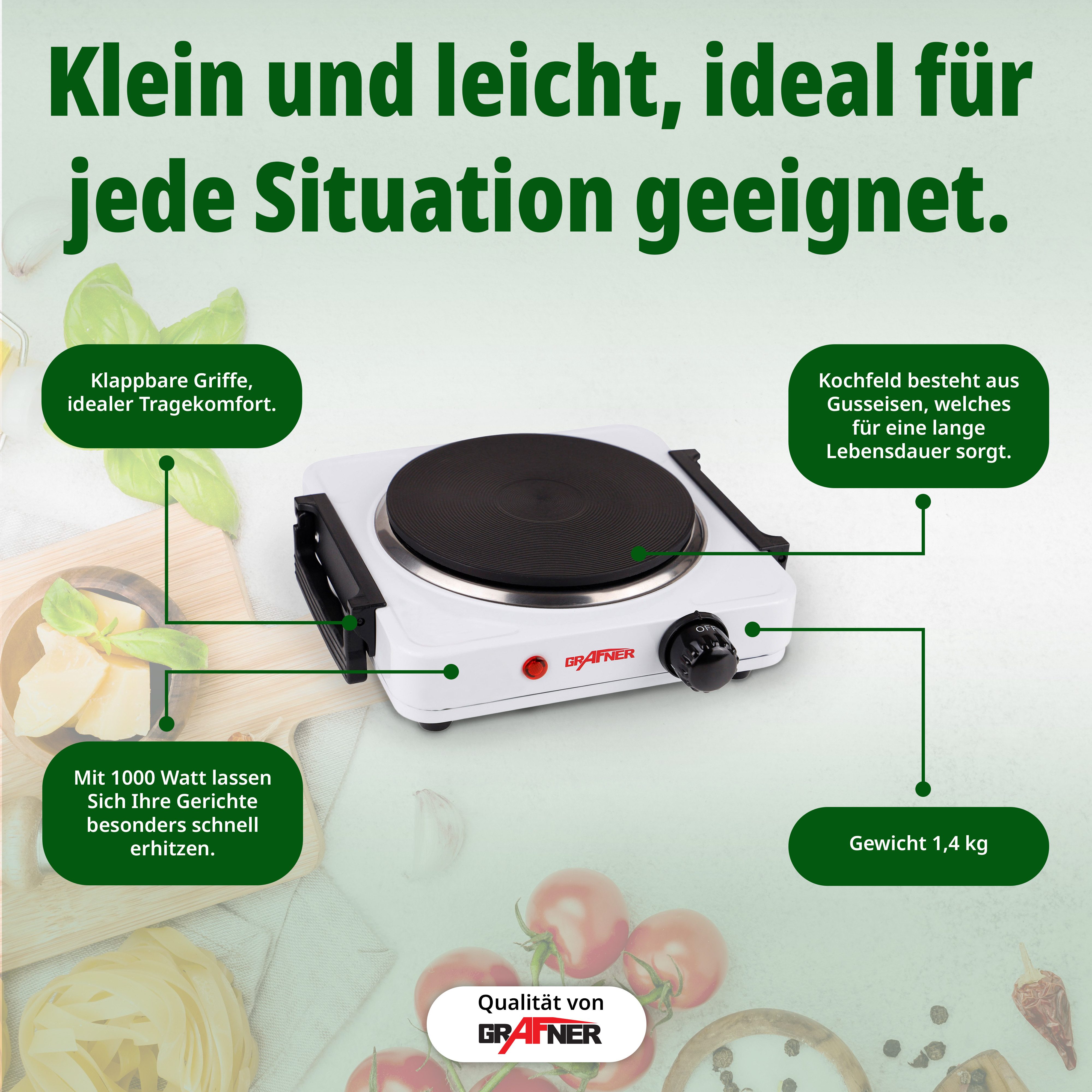 Einzelkochplatte Einzelkochplatte Kochplatte 1000 Watt klappbare Griffe Weiß elektrisch