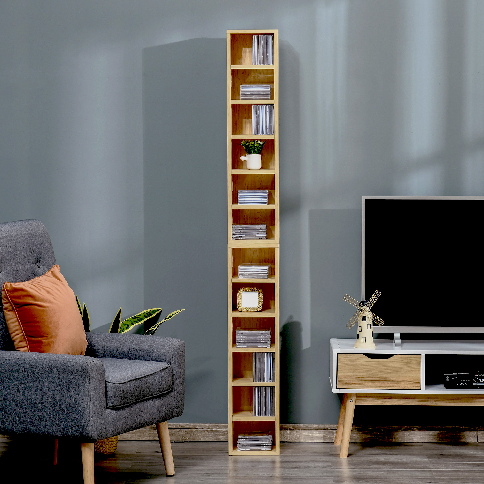 HOMCOM Set mit 2 Säulenregalen CD-DVD Aufbewahrungsschrank 6 + 6 Fächer Abmessungen 21L x 19B x 88H cm Maximale Kapazität 160 CD Farbe Buche