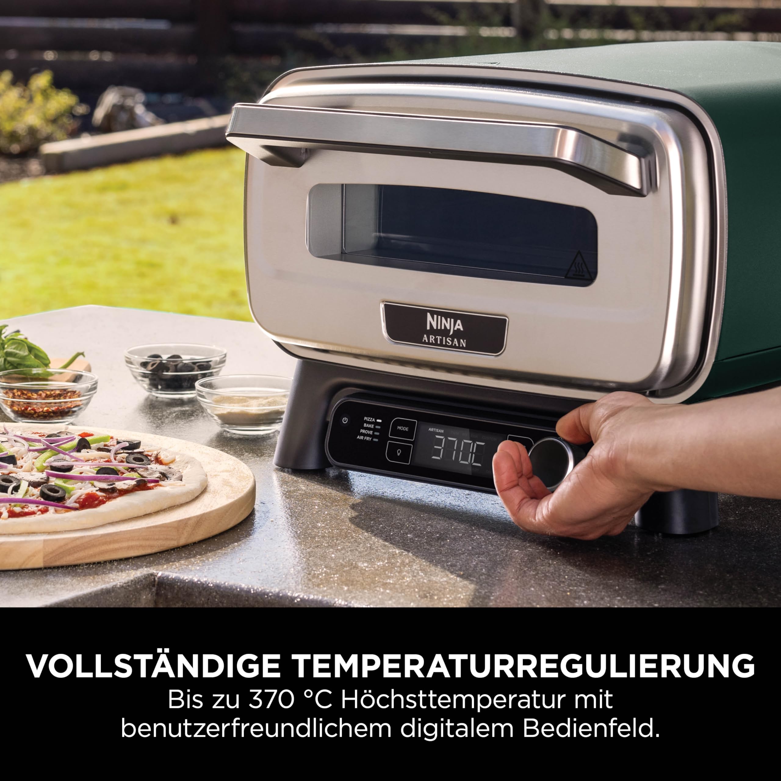 Elektrischer Outdoor-Pizzaofen und Heißluftfritteuse mit 4 Funktionen, 13 L, 370 °C, inkl. Pizzastein, Pizzaschale und Zubehör, Grün