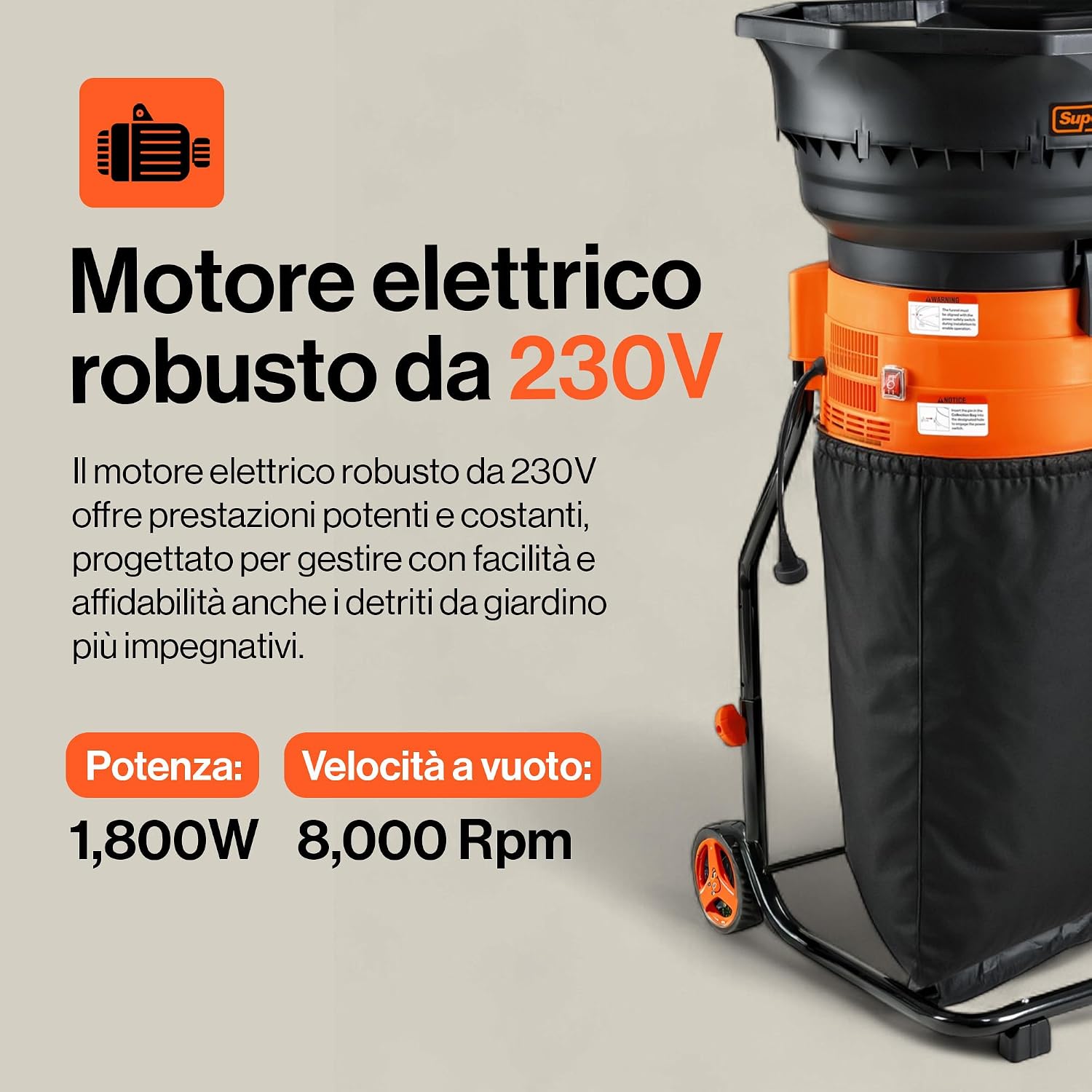 SuperHandy Mulcher & Broyeur sans lame per foglie da giardino – Motore da 1800W, Imbuto da 50 cm, Rapporto di triturazione 16:1, Sacco di raccolta da 80 L, Design leggero da 8,5 kg