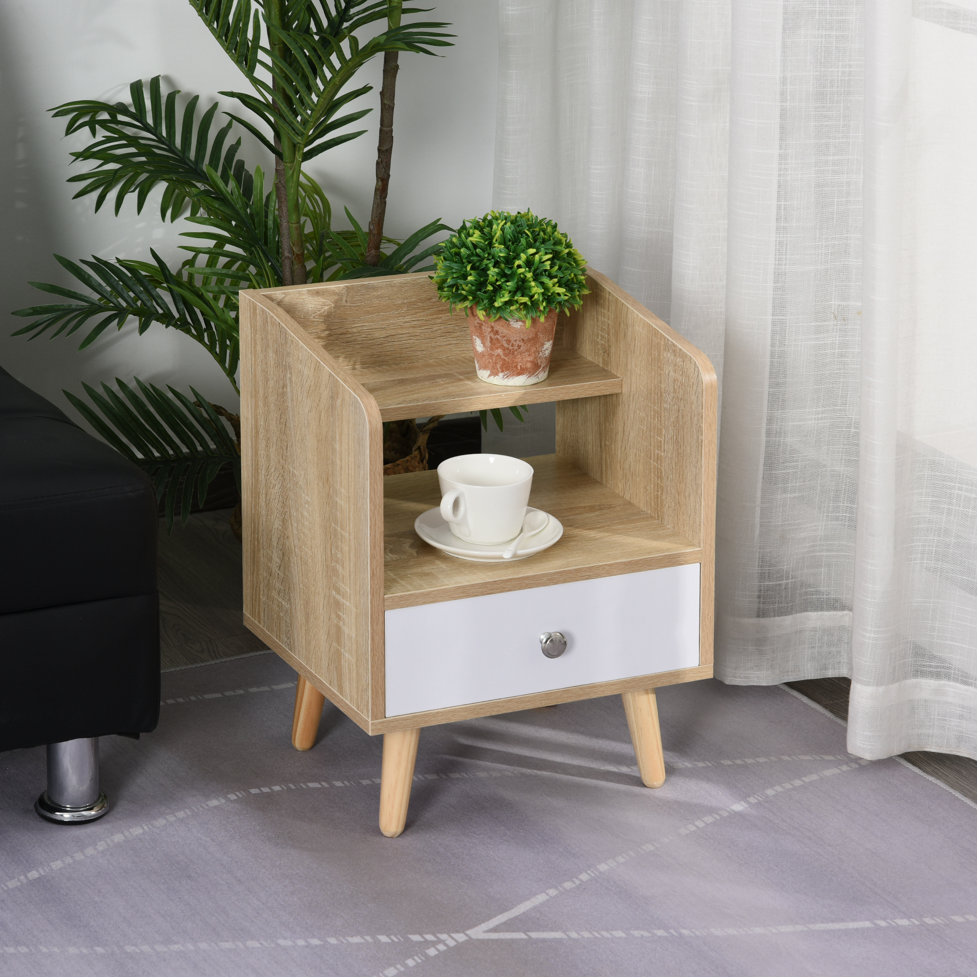 HOMCOM Nachttisch mit Schublade und Regal, Erhöhter Nachtschrank, Schlafzimmer Nachtkommode, Massivholz 37 x 30 x 48 cm