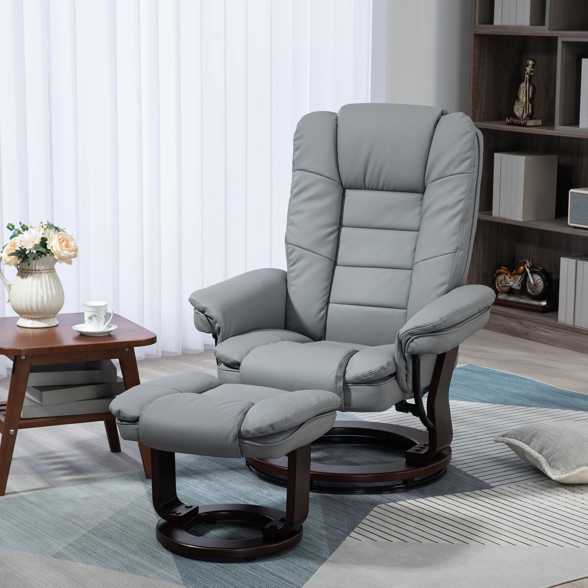 HOMCOM Relaxsessel mit Hocker, Liegesessel, drehbar, neigbare Lehne, Lederoptik, bis 130 kg, Grau