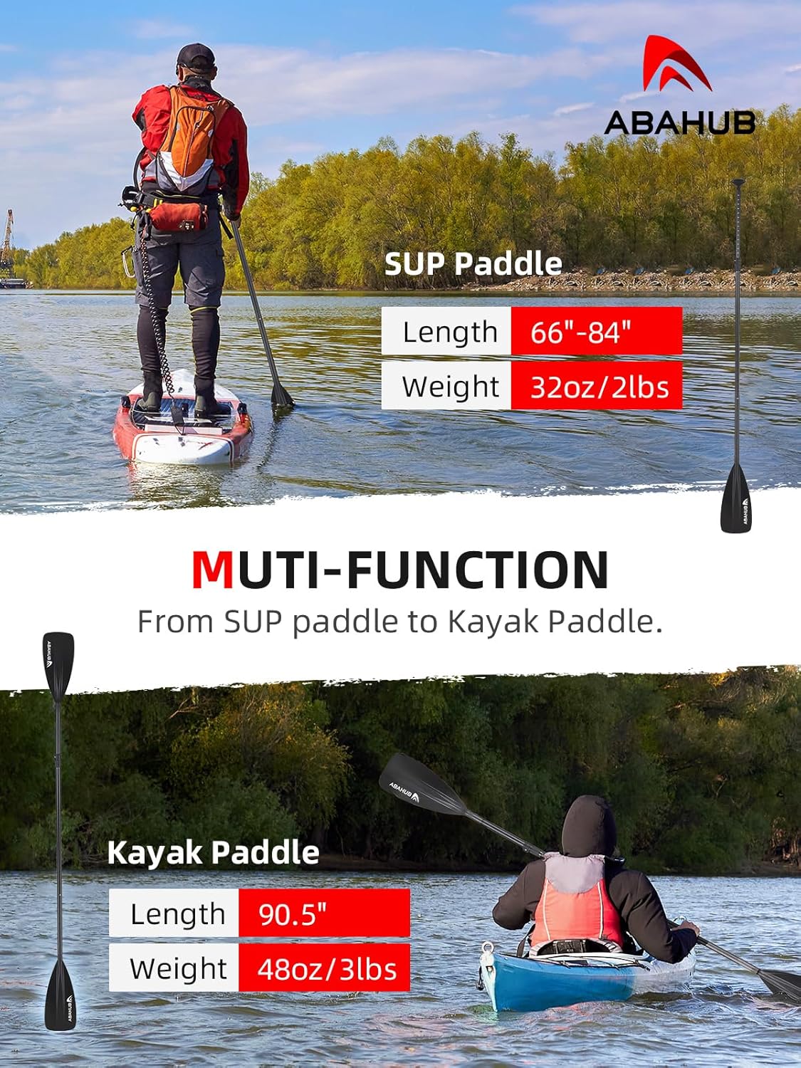 Abahub Pagaia SUP Alluminio Remi SUP Paddle Stand Up Paddle Telescopico 173-213 cm per Tavola da Surf Canoa SUP, Lama in Nylon di Plastica in Nero/Blu/Verde/Rosso/Arancione/Giallo