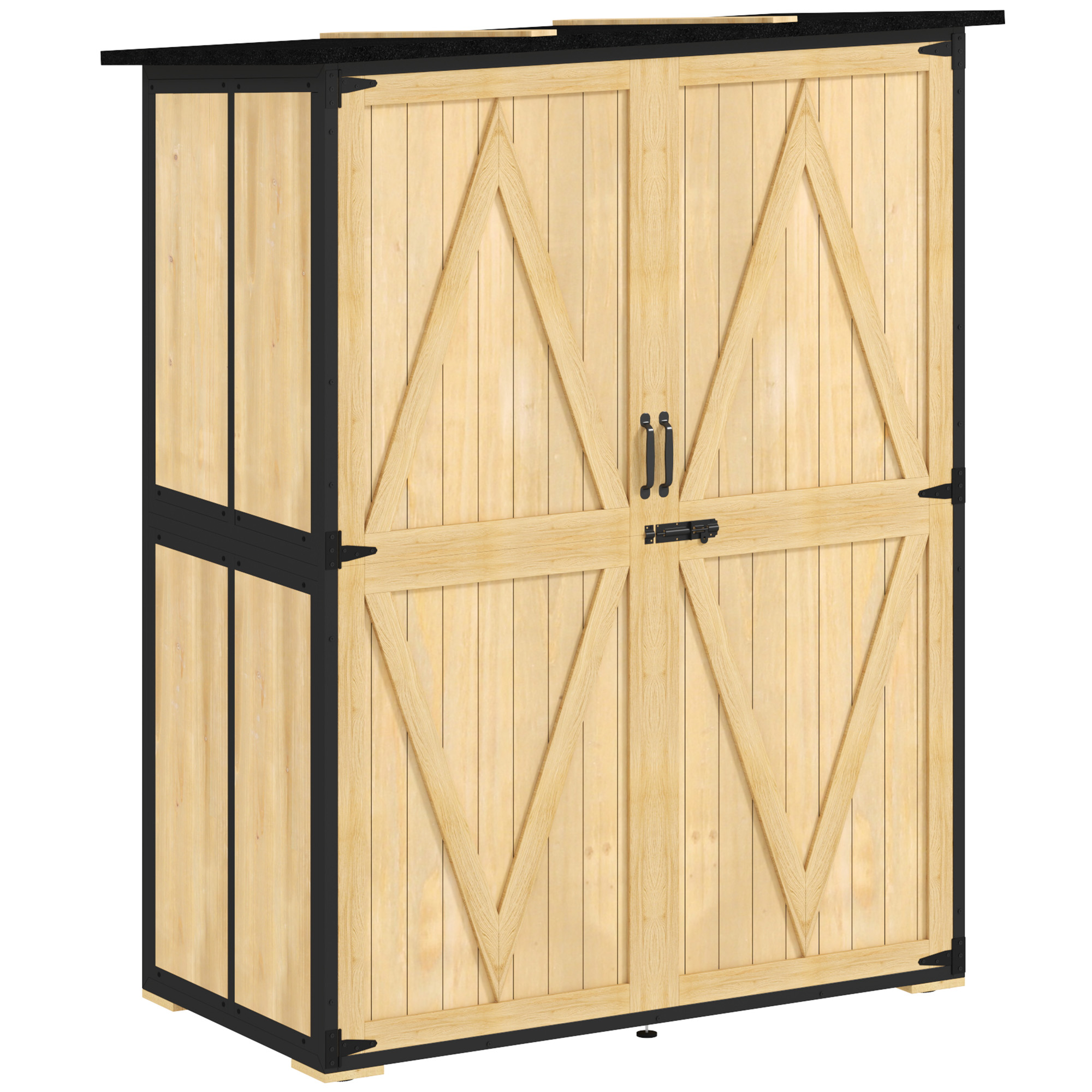 Outsunny Houten en Stalen Tuinkast, Buiten Gereedschapskast met Asfaltdak, 2 Planken, Afsluitbare Deuren, Natuurhout