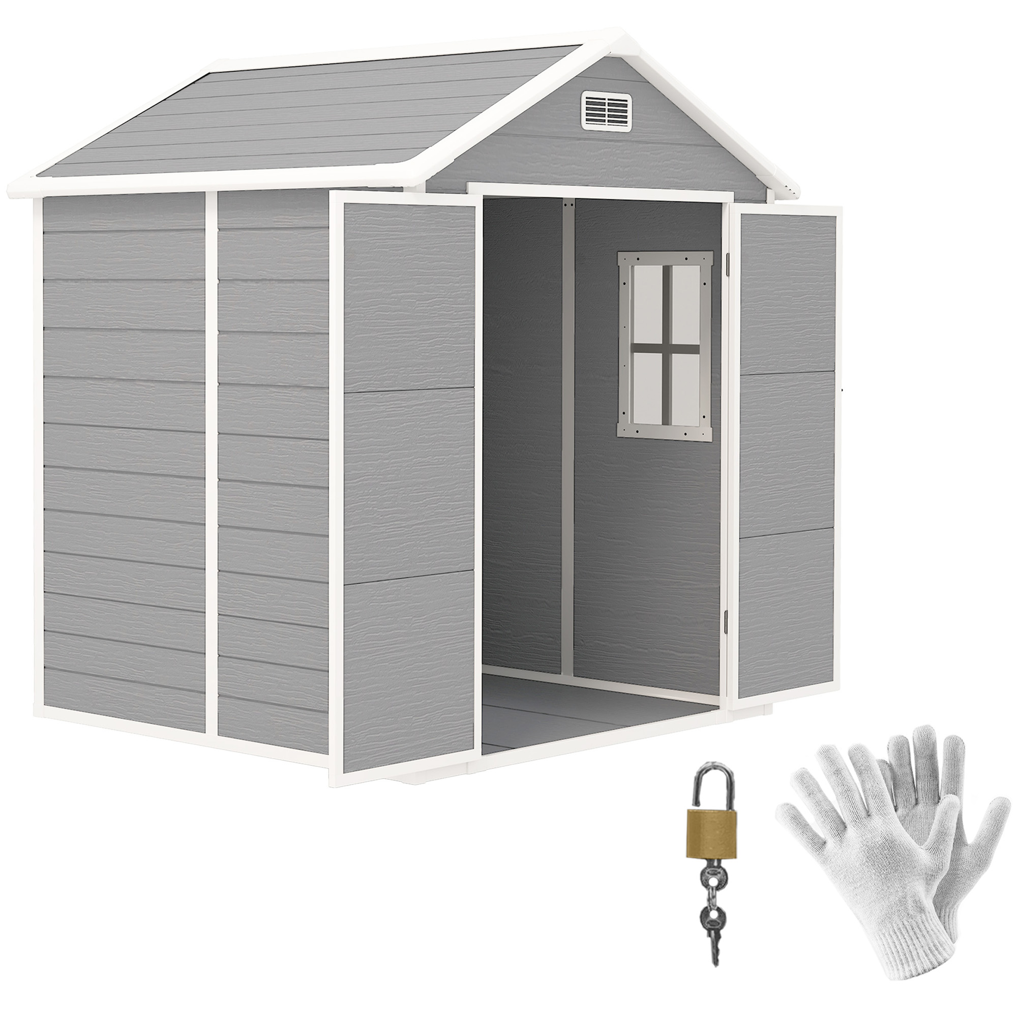 Outsunny Tuinschuur, Gereedschapsschuur met Bodem, Afsluitbare Deuren, Ventilatieopeningen, Venster, Houtlook, Kunststof, Grijs
