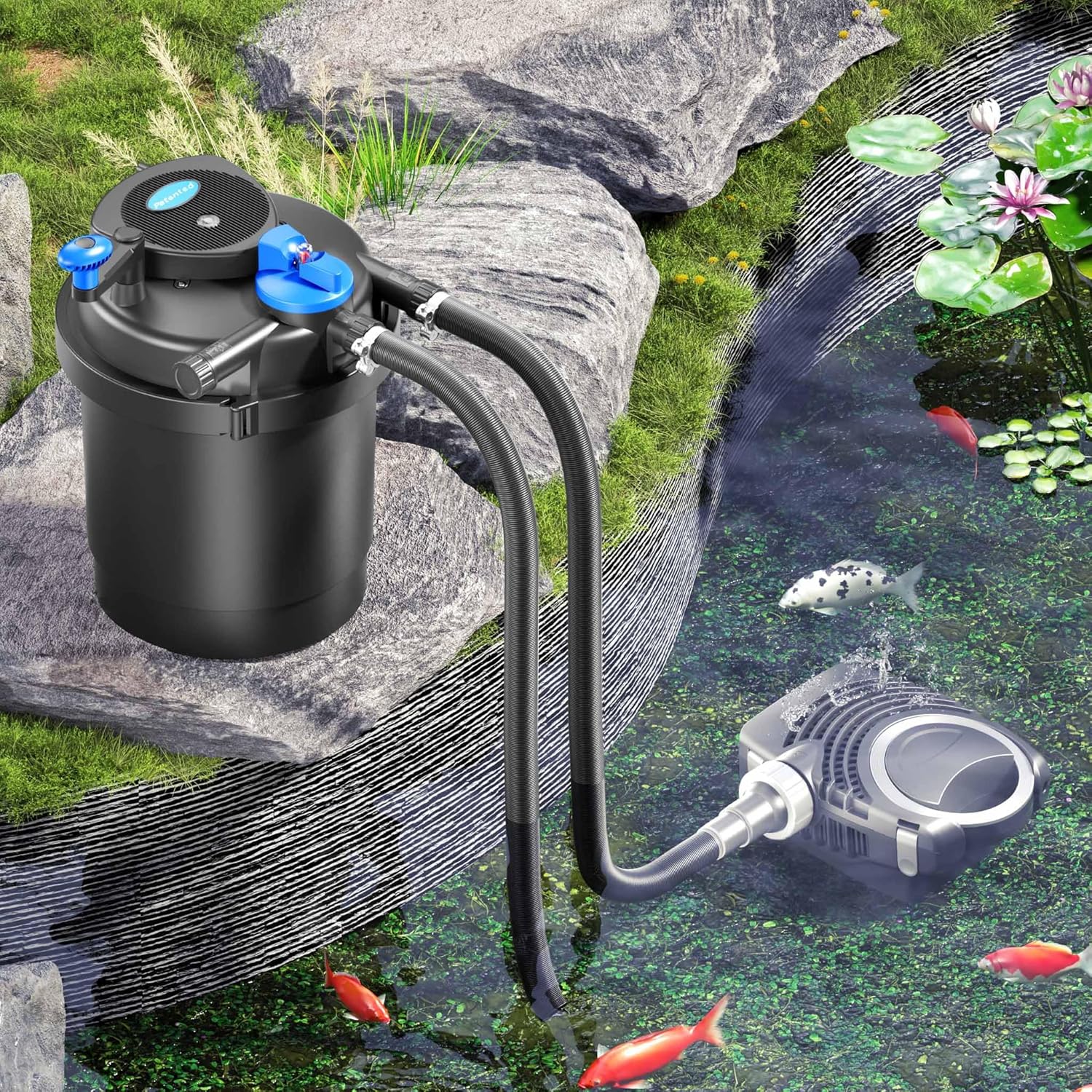 SunSun Komplettset: CPF-2500 Teichdruckfilter bis 6000 L mit 11 Watt UV-C Teichklärer, NEO-2800 SuperECO Teichpumpe 3000l/h 10W, 5m Teichschlauch 32 mm (1 1/4