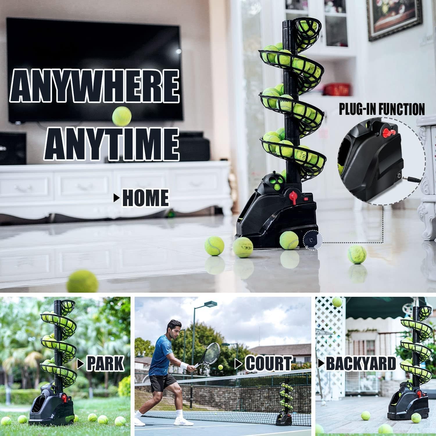 Tennisbälle Maschine(Maximal 30 Bälle),Tennisball Trainer für selbsttraining,Anfänger/Kinder/Lehrer/Zuhause/Gericht,genaue effiziente Ballwurfmaschinen für alle Stufen/Alter,AC&Batterie&USB-Kabel