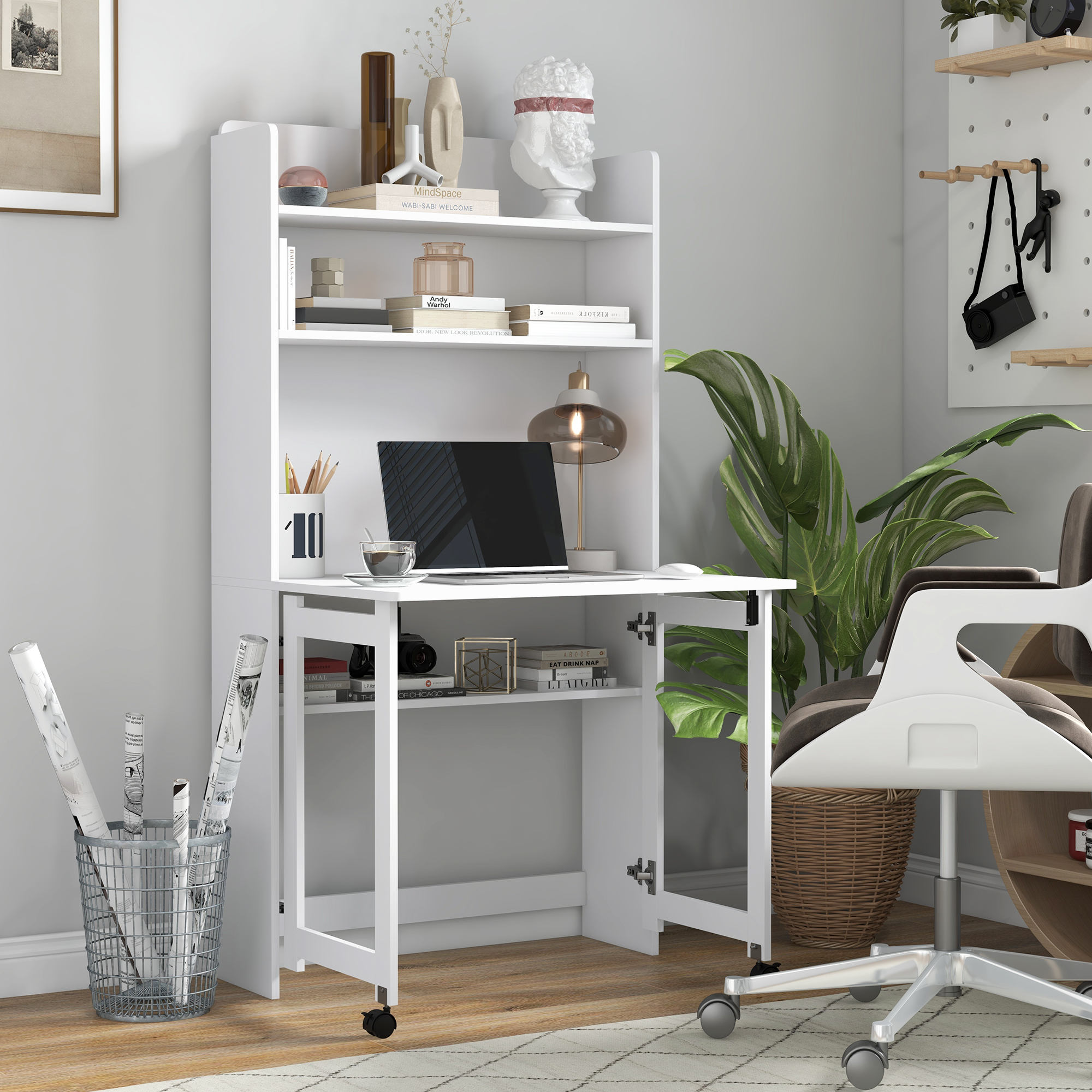 HOMCOM Computertisch mit Stauräumen, klappbarer Platte, 2 Rollen für Schlafzimmer, Wohnzimmer, 80 x 69 x 153 cm, Weiß