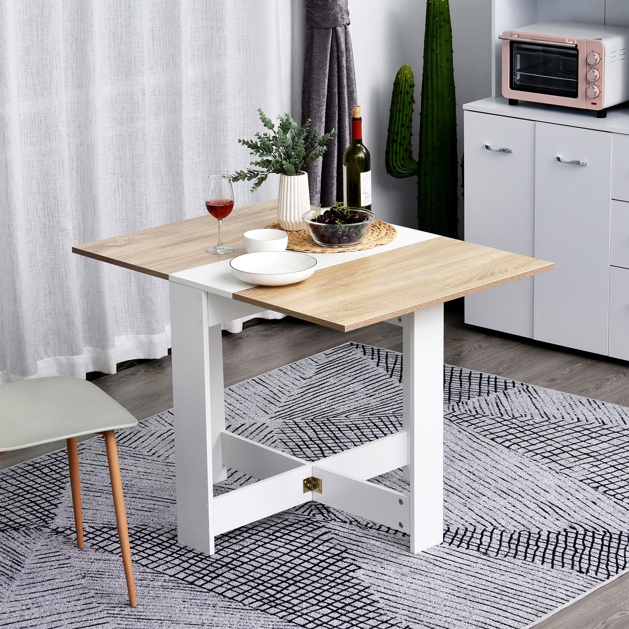 HOMCOM Klapptisch, Esstisch mit klappbarer Arbeitsplatte, Schreibtisch, Arbeitsstation, Beistelltisch, Spanplatte, Eiche, Weiß, 103 x 76 x 73,5  cm