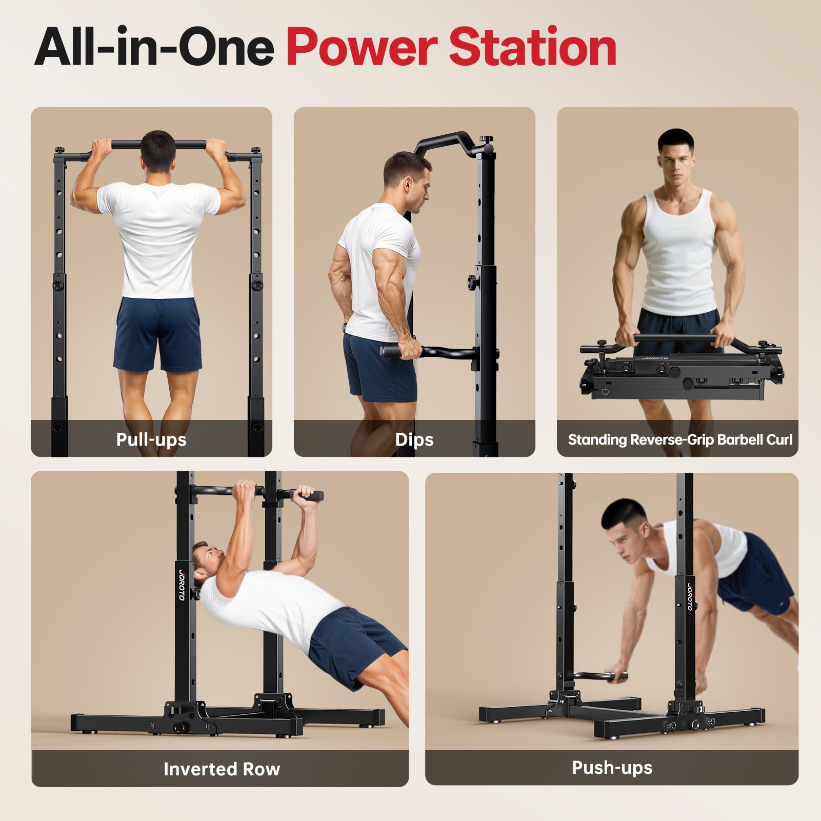 Faltbare Klimmzugstange und Dip Station, höhenverstellbarer Power Tower für Zuhause, 5-in-1 Krafttraining, bis 204 kg, klappbar
