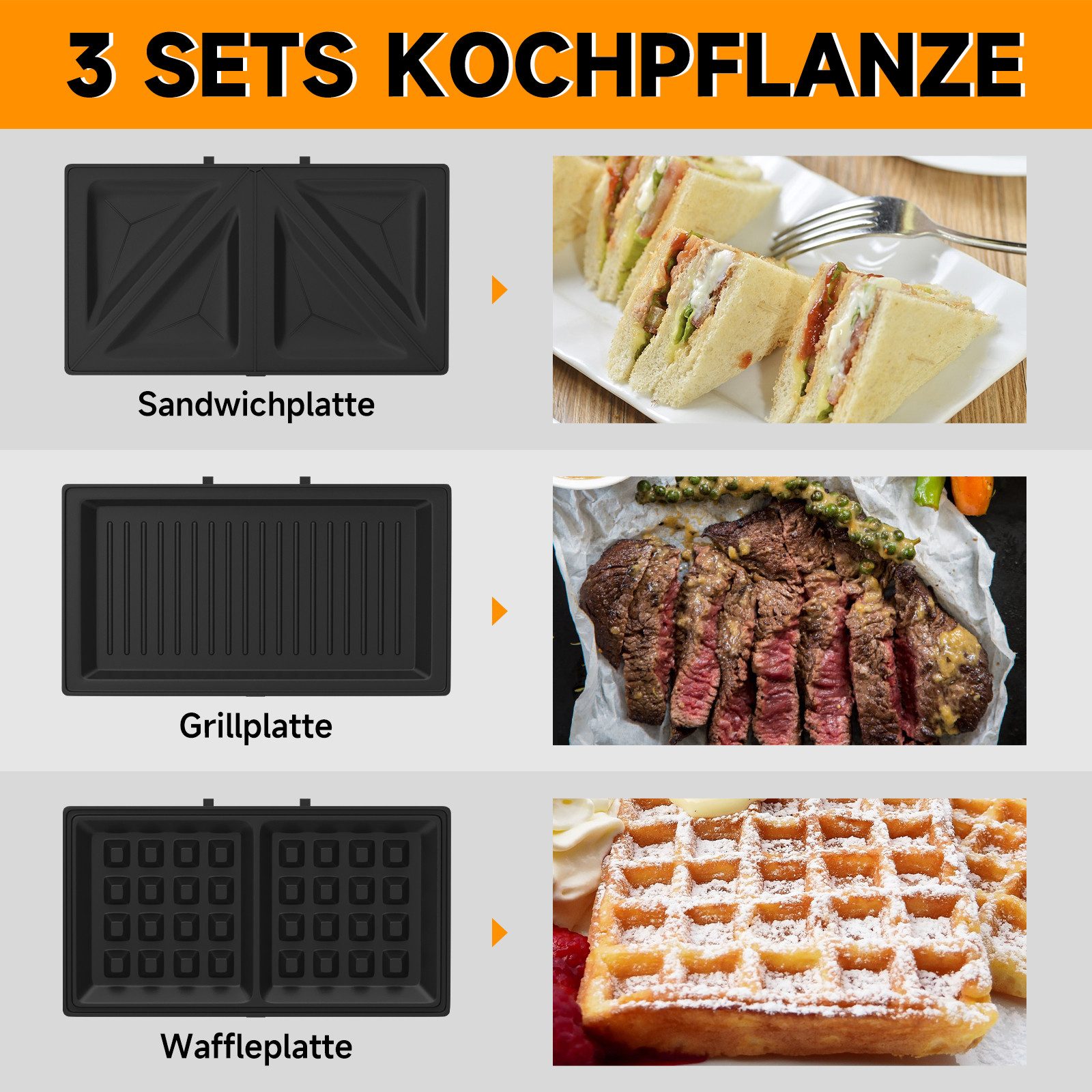 3-in-1-Sandwichmaker Sandwich-Toaster Waffeleisen Grill Ultracompact