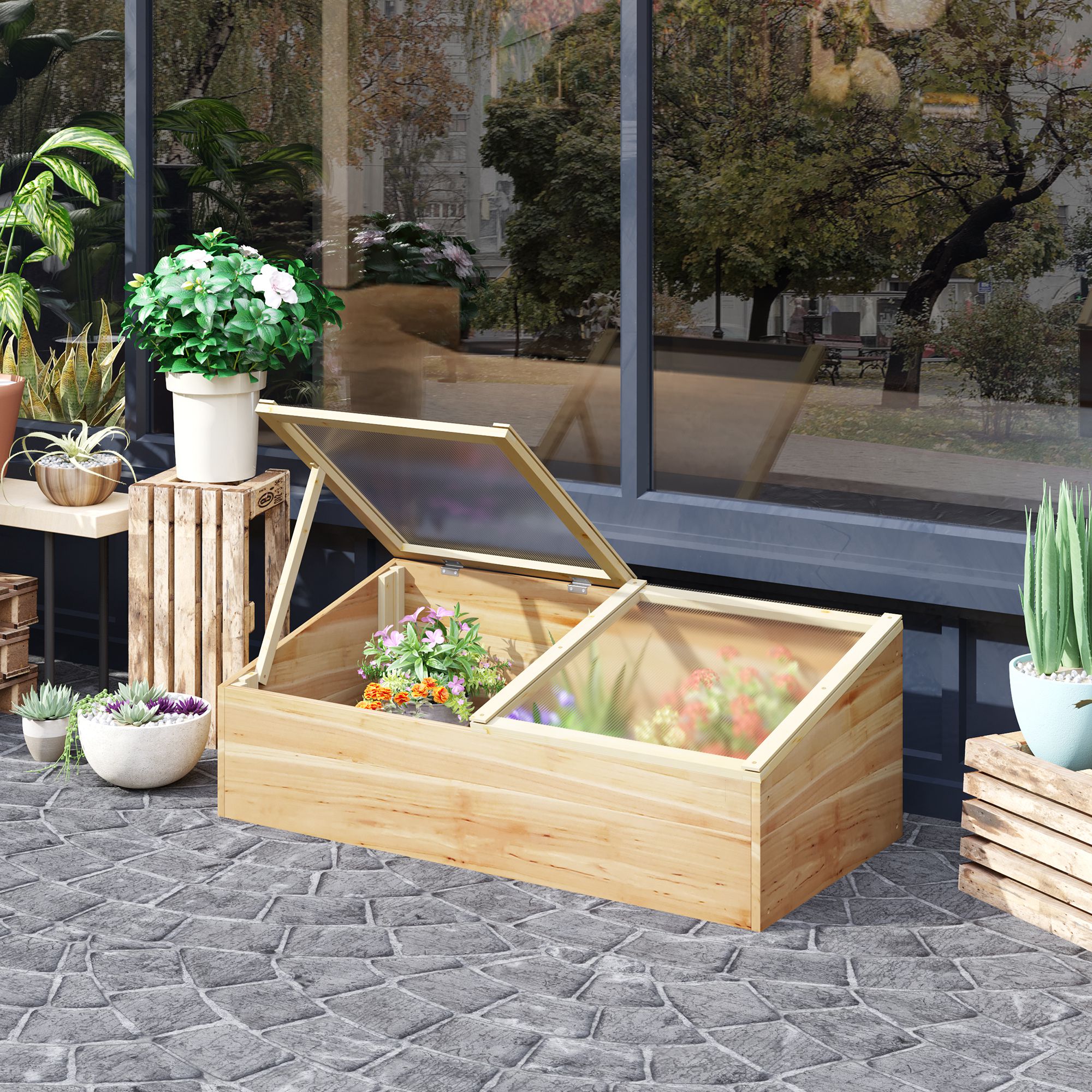 Outsunny Mini-Gewächshaus für Pflanzen dim. 100L x 50B x 36H cm Doppeltes unabhängiges Kippdach Polycarbonatplatten Vorgeöltes Fichtenholz