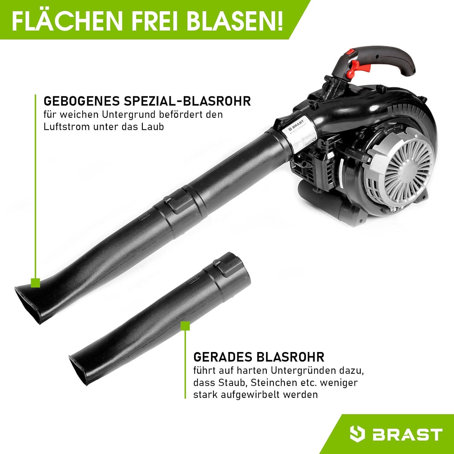 BRAST® Laubsauger Laubbläser Benzin 1,0kW(1,36PS) | 55L Fangsack | inkl. 2 Blasrohre, Schultergurt & Anti-Vibrationsgriff | 4in1 Funktion | Blasgeschwindigkeit 73 m/s