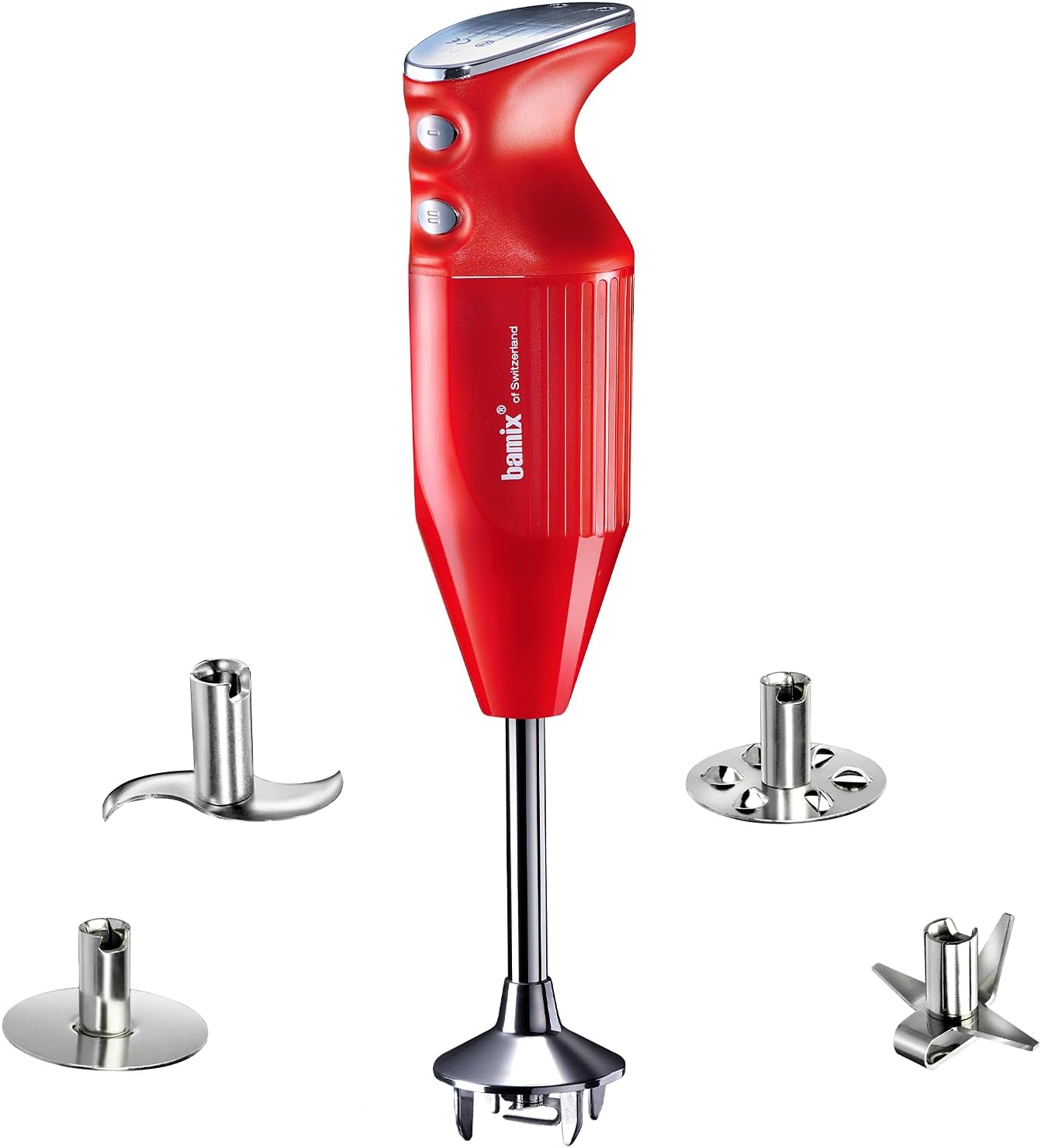bamix Frullatore a immersione M350 MAXX incl. lama multiuso, per carni e verdure, frusta, frullino in acciaio inox, 300 watt, 2 velocità, Made in Switzerland, Rosso/cromo