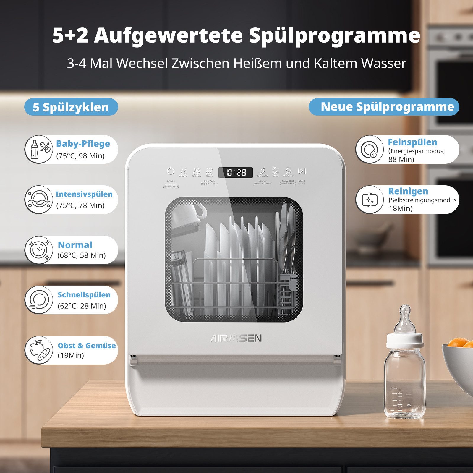 Tischgeschirrspüler ZMW-DUHC01 Mini Geschirrspüler mit wassertank,9 Programme,37 * 50cm Ultra-Schmal & Tief, 1-24H Timer