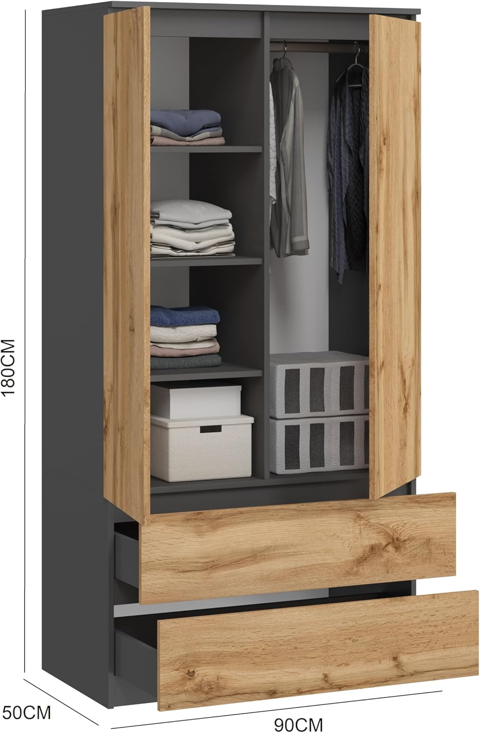 BDW MONIA Wardrobe with 2 Doors 2 Drawers Matt 4 Tier Metal Runners for Bedroom Wardrobe Office (Anthracite/Wotan Oak, 235x90x50)