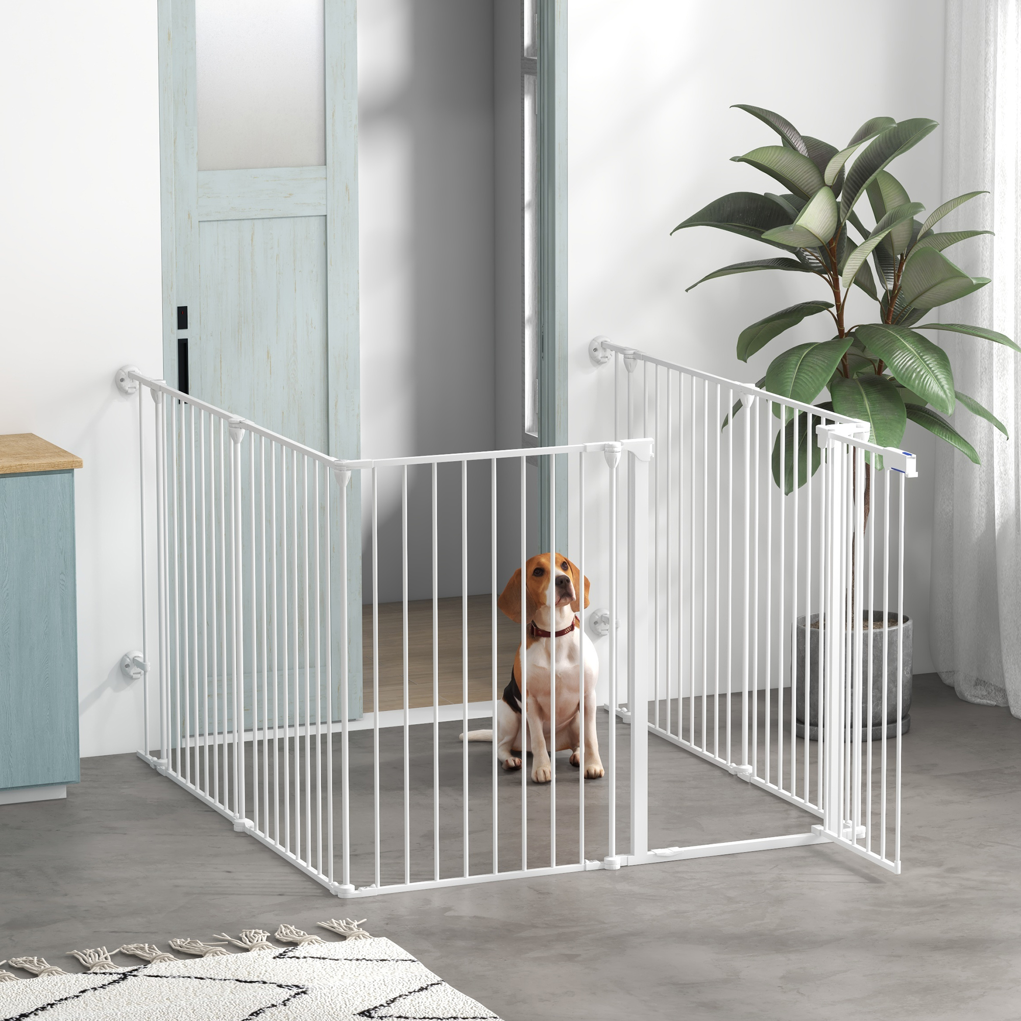 PawHut Welpenauslauf, modulares Design, klappbar, Stahlrahmen, für Innen, weiß, 90 x 123 x 102cm