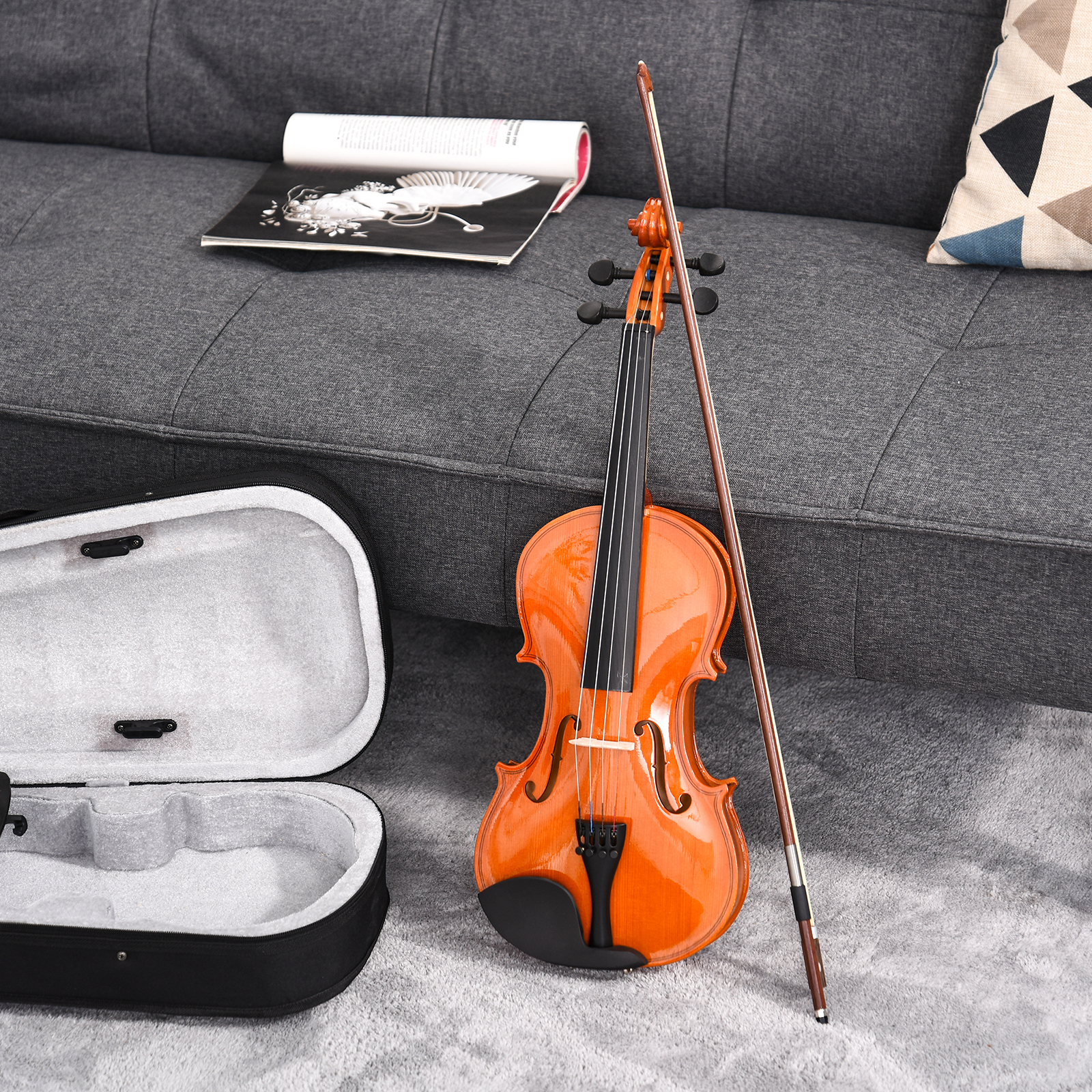 HOMCOM Violine 4/4 Fullsize mit Etui, Stimmgerät, Schulterstütze, Bogen, Kolophonium, Ersatzsaiten und Tuch aus Fichten-Sperrholz und Ahorn