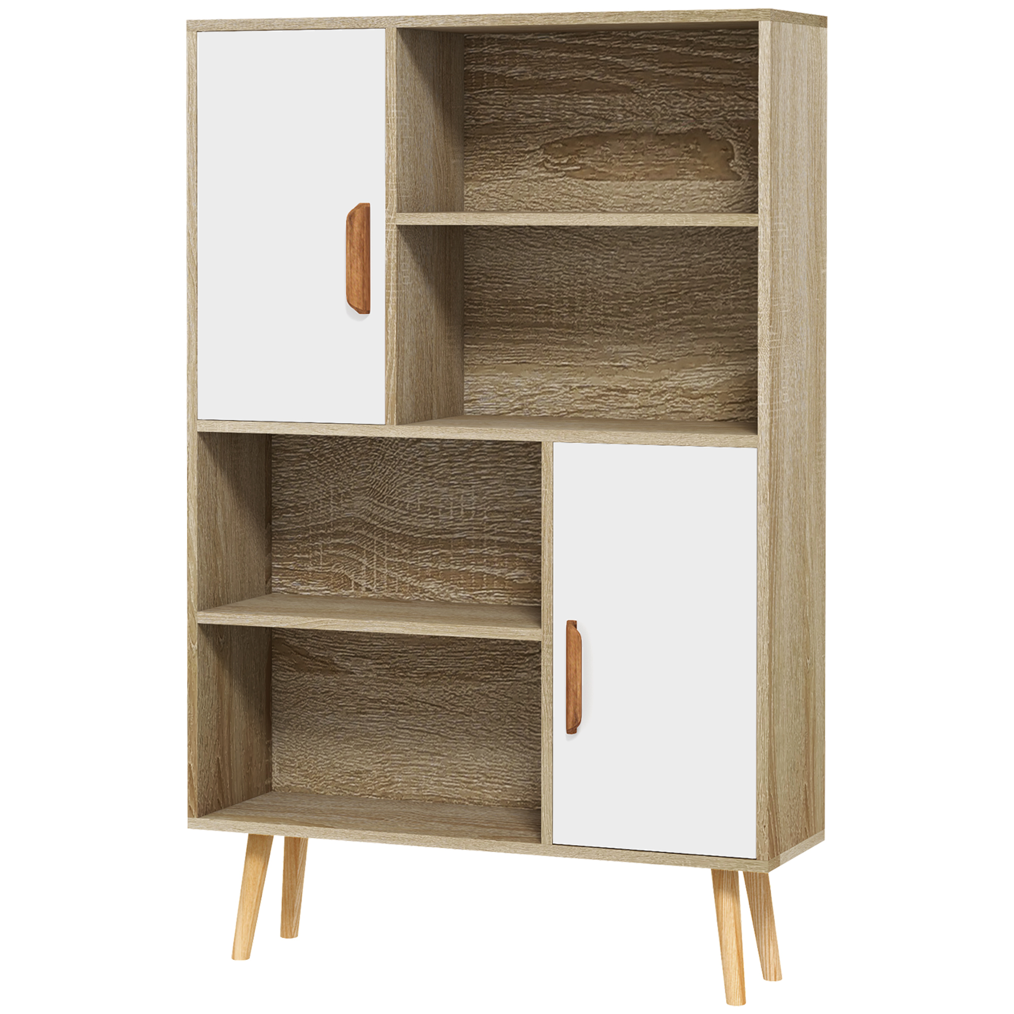 HOMCOM Skandinavisches Bücherregal 4 Nischen + 2 Schranktüren mit verstellbarem Regalboden 80L x 24B x 123H cm Schlanke, geneigte Füße aus massivem Kiefernholz Eiche