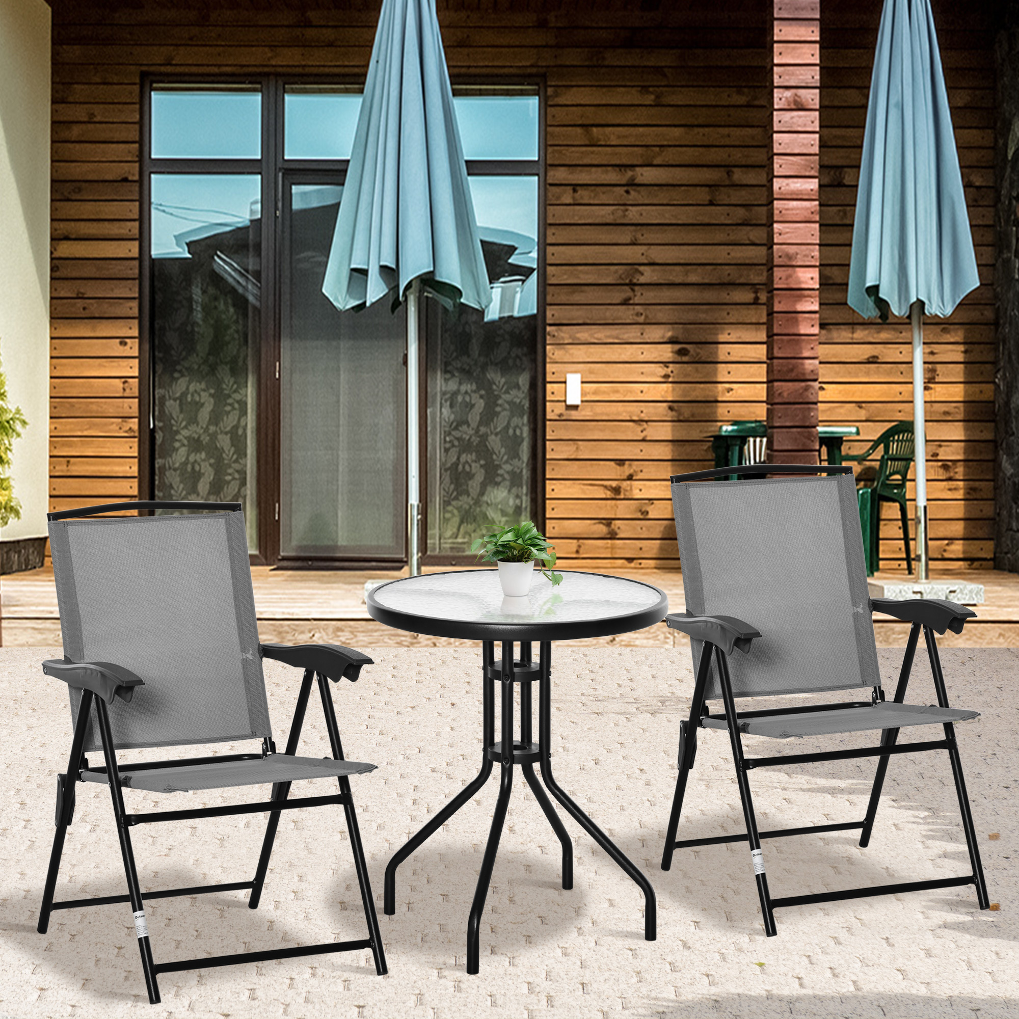 Outsunny 3-teiliges Gartenmöbelset, 2 klappbare Mehrpositions-Stühle, runder Tisch, gehärtetes Glas, Stahl, Textilene, Grau