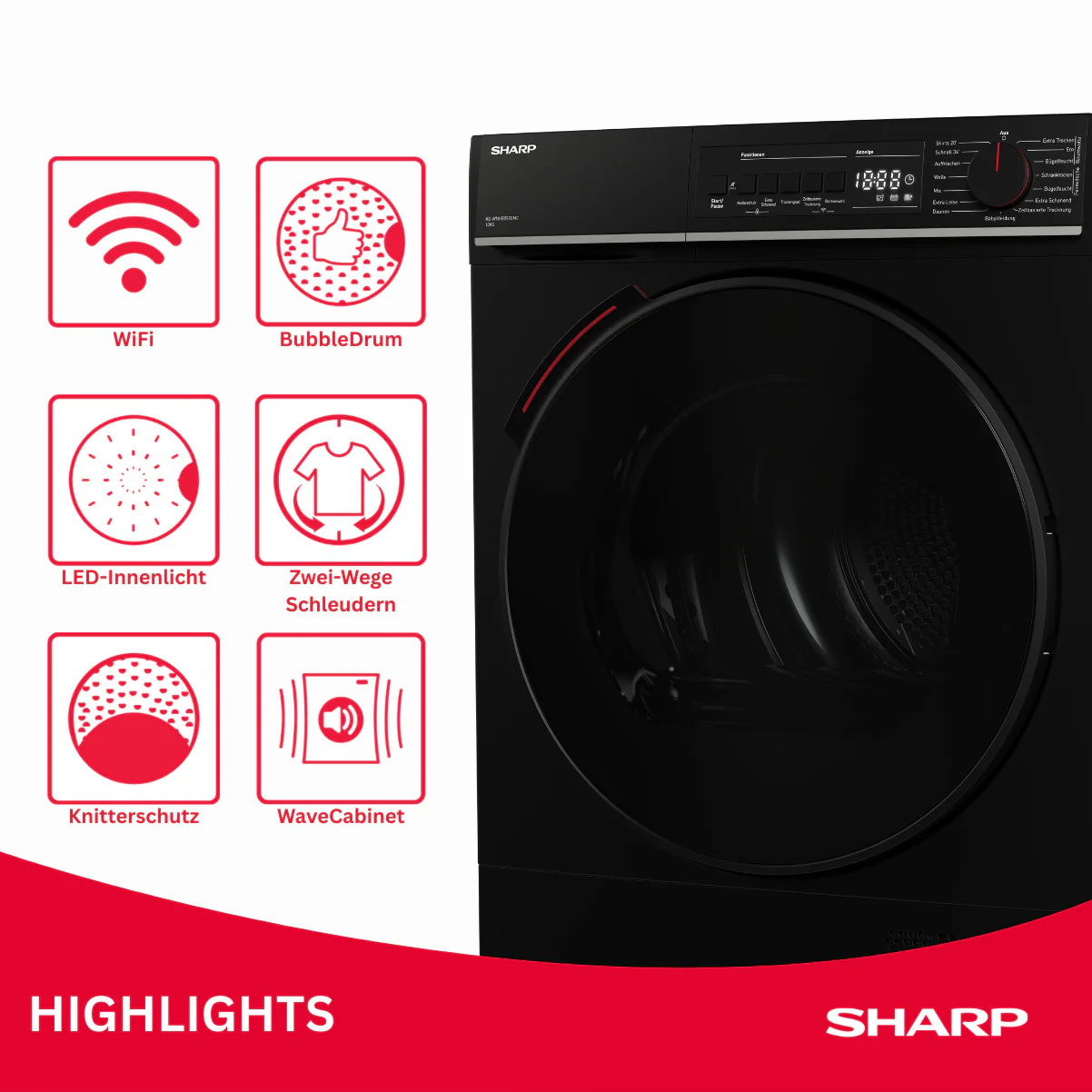 Sharp Wäschetrockner 10kg, KD-WNHB0S9GMC, schwarz, WiFi