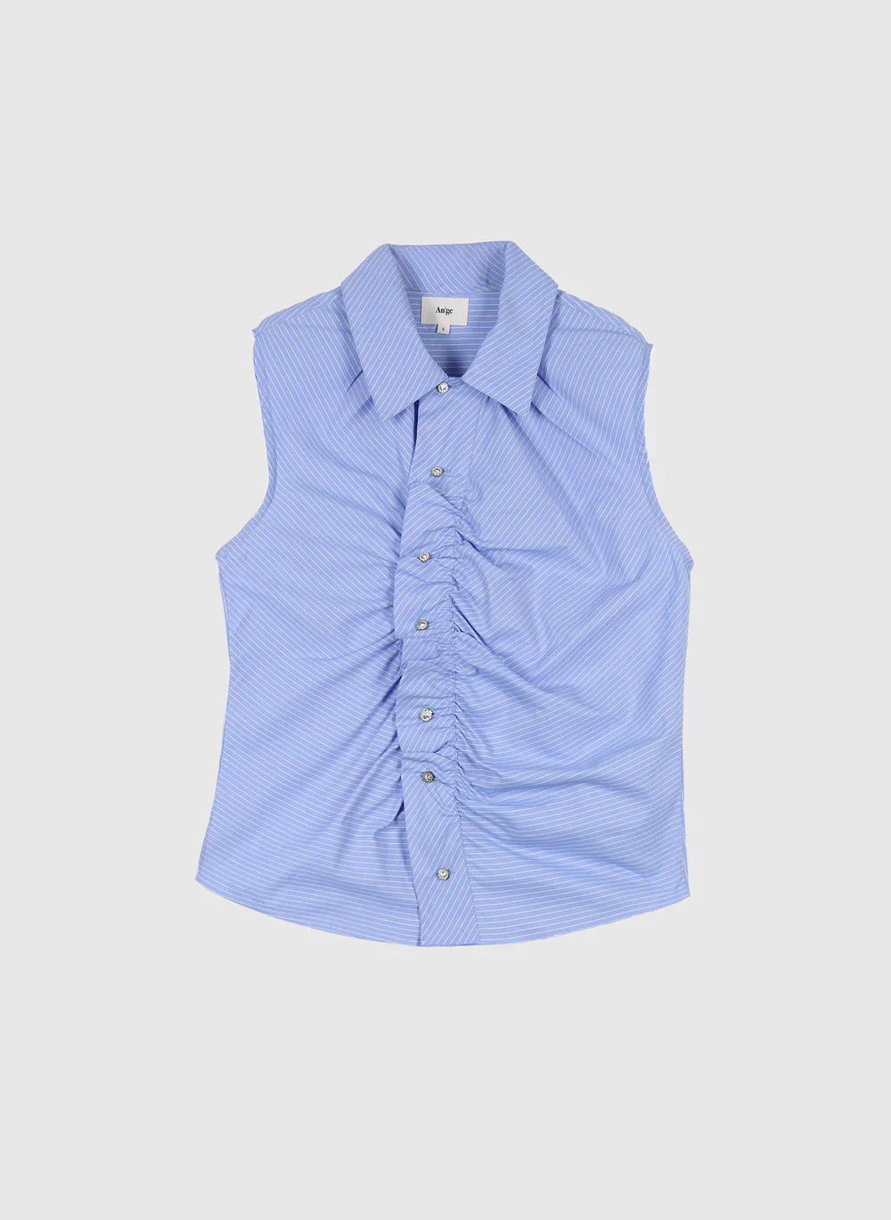 Blue Fine Stripe Sleeveless Shirt with Jewel Buttons by An'ge