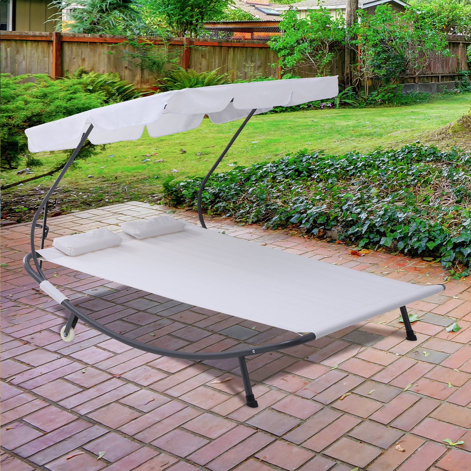 Outsunny® Doppelliege Sonnenliege 2er-Gartenliege  rollbar mit Dach Stahl Cremeweiß