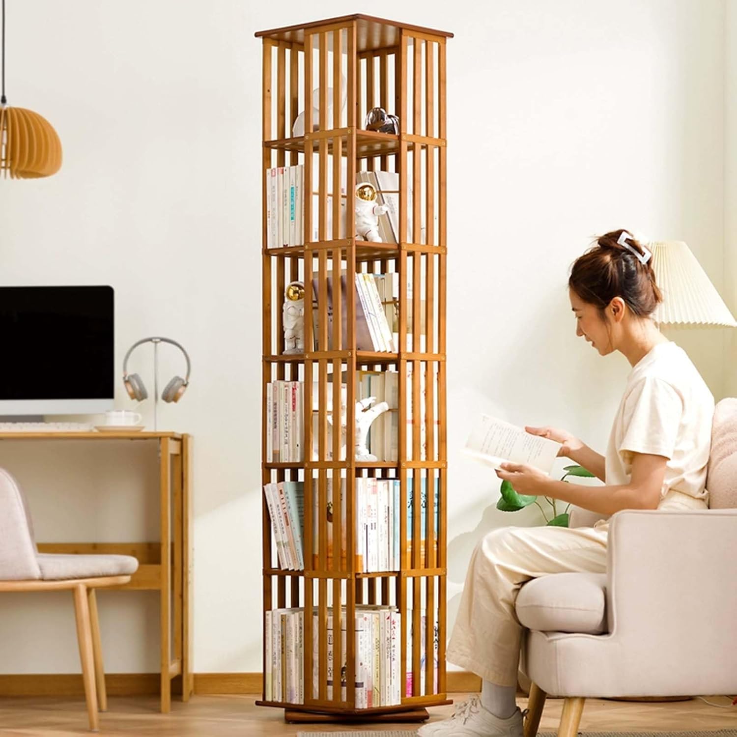 Libreria Girevole a 6 Livelli, Scaffali per Libri con Reggilibri Staccabili, Mobile di Stoccaggio Angolare Scaffale da Espositore per Casa Ufficio