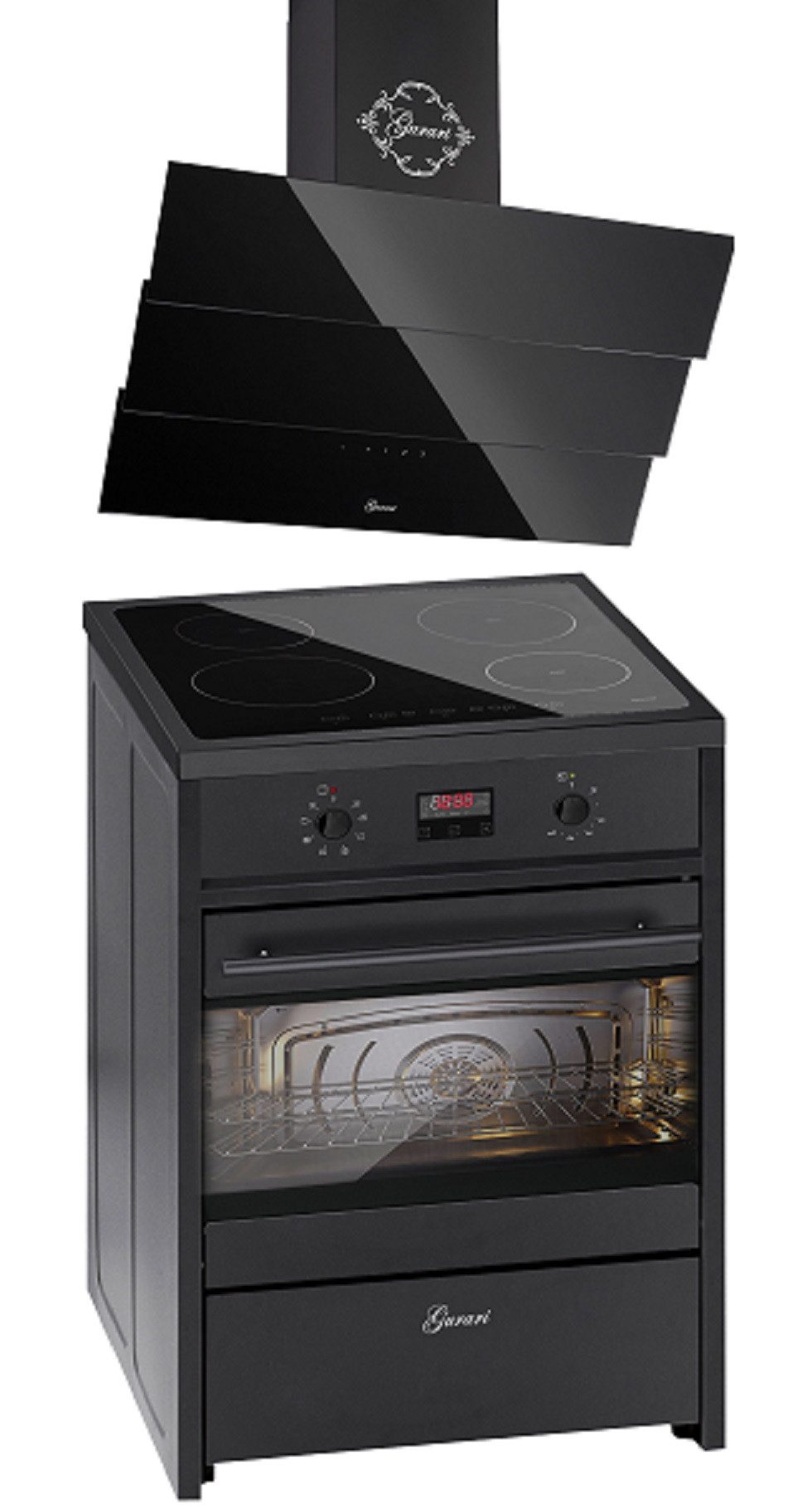 Induktions Herd-Set Schwarz Induktionsherd Freistehend mit 4 Boosterkochzonen, 60 cm, 60 L mit Dunstabzugshaube 60 cm Schwarz Glas GCH E 612 BL+GCH D 267 BL 6 PRIME N