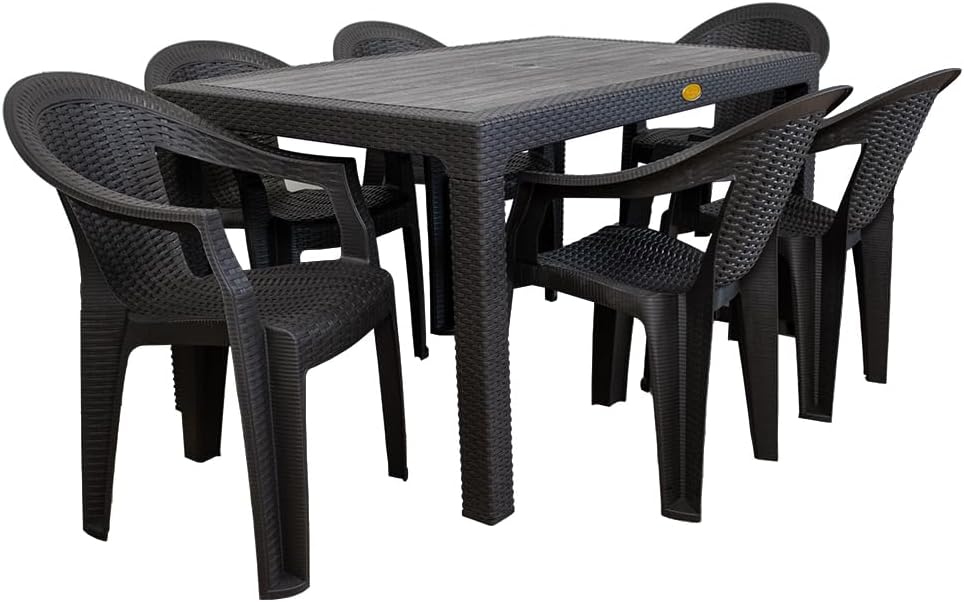 GARDENIA Set da Giardino in Polipropilene Rattan Sintetico, Tavolo 150x90 + 6 Sedie con Braccioli, Esterno e Giardino, Colore Marrone Wengè, Resistente e Facile da Pulire