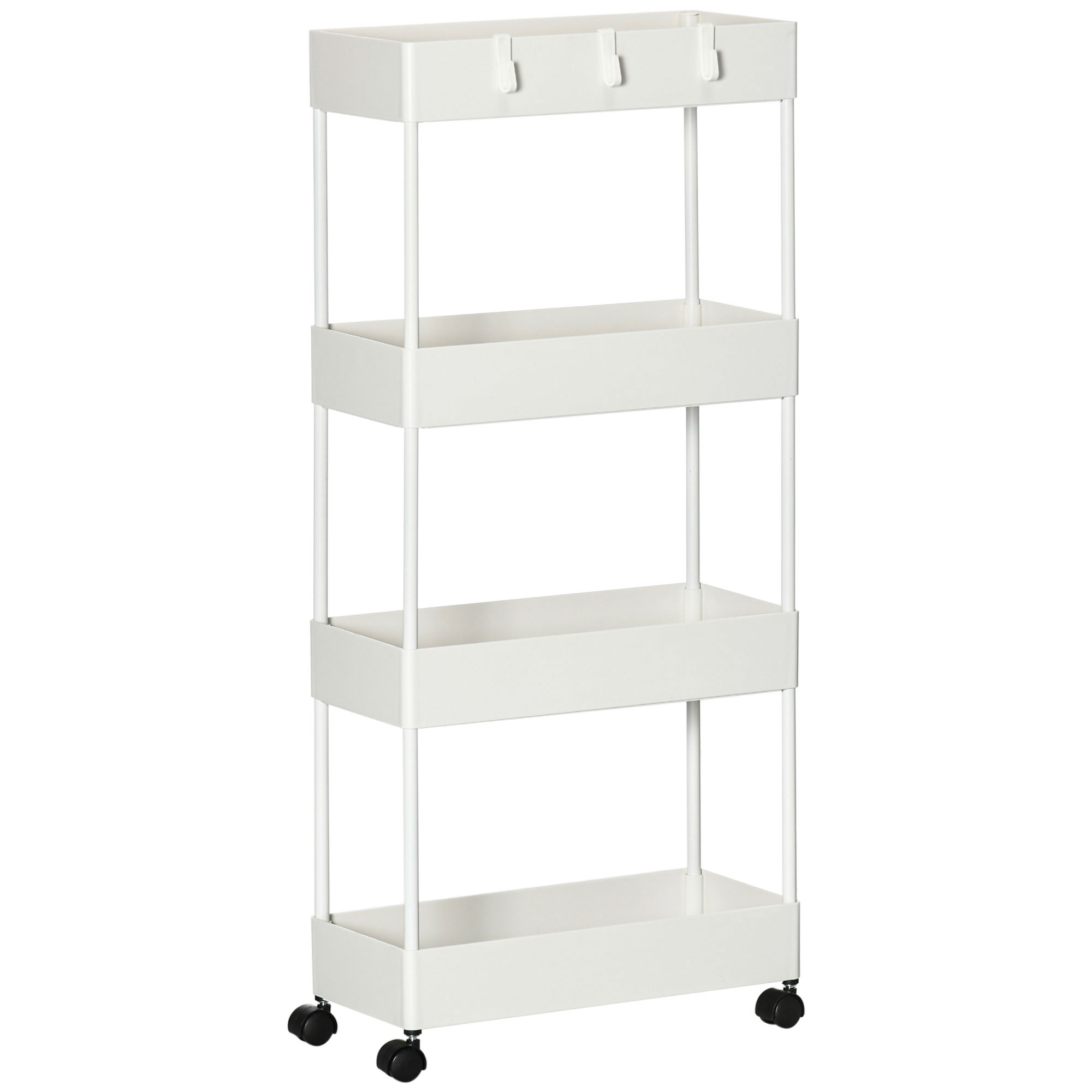 HOMCOM Küchenwagen mit 4 Regalen, 4 flexiblen Haken, 4 Rollen, 40 cm x 19 cm x 90 cm, Nischenwagen, Weiß