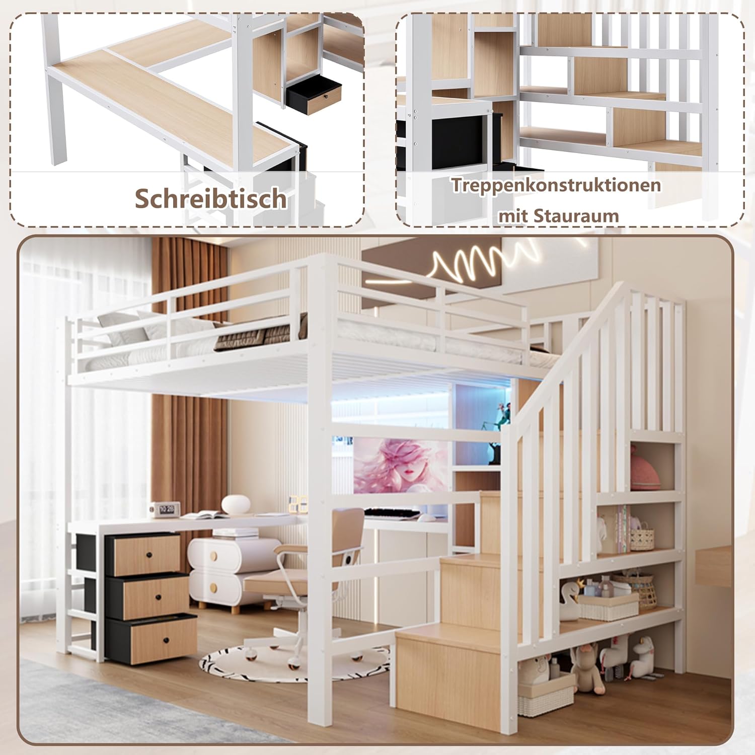 Soweiz Letto a soppalco con scrivania, telaio in ferro, 4 cassetti, griglia per appendere oggetti, con striscia luminosa a LED, scala di stoccaggio, senza materasso (bianco, 140 x 200 cm)