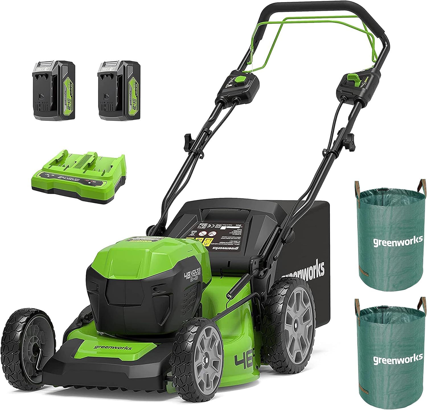 Greenworks 48V (2x24V) Selbstfahrender Akku Rasenmher f��r groe Flchen bis zu 480m, 46cm Schnittbreite, 55L Sack PLUS zwei 4Ah-Akkus und Doppelladegert GD24X2LM46SPK4X