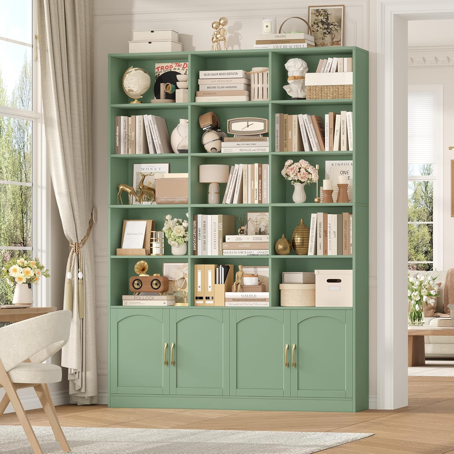 FirFurd 209 cm Libreria Verticale, Libreria da Parete con 15 Scomparti Aperti, Scaffale Portaoggetti in Legno a 4 Ante, Vetrinetta Soggiorno, per Studio, Ufficio, Soggiorno, 150x23.7x209cm (Verde)