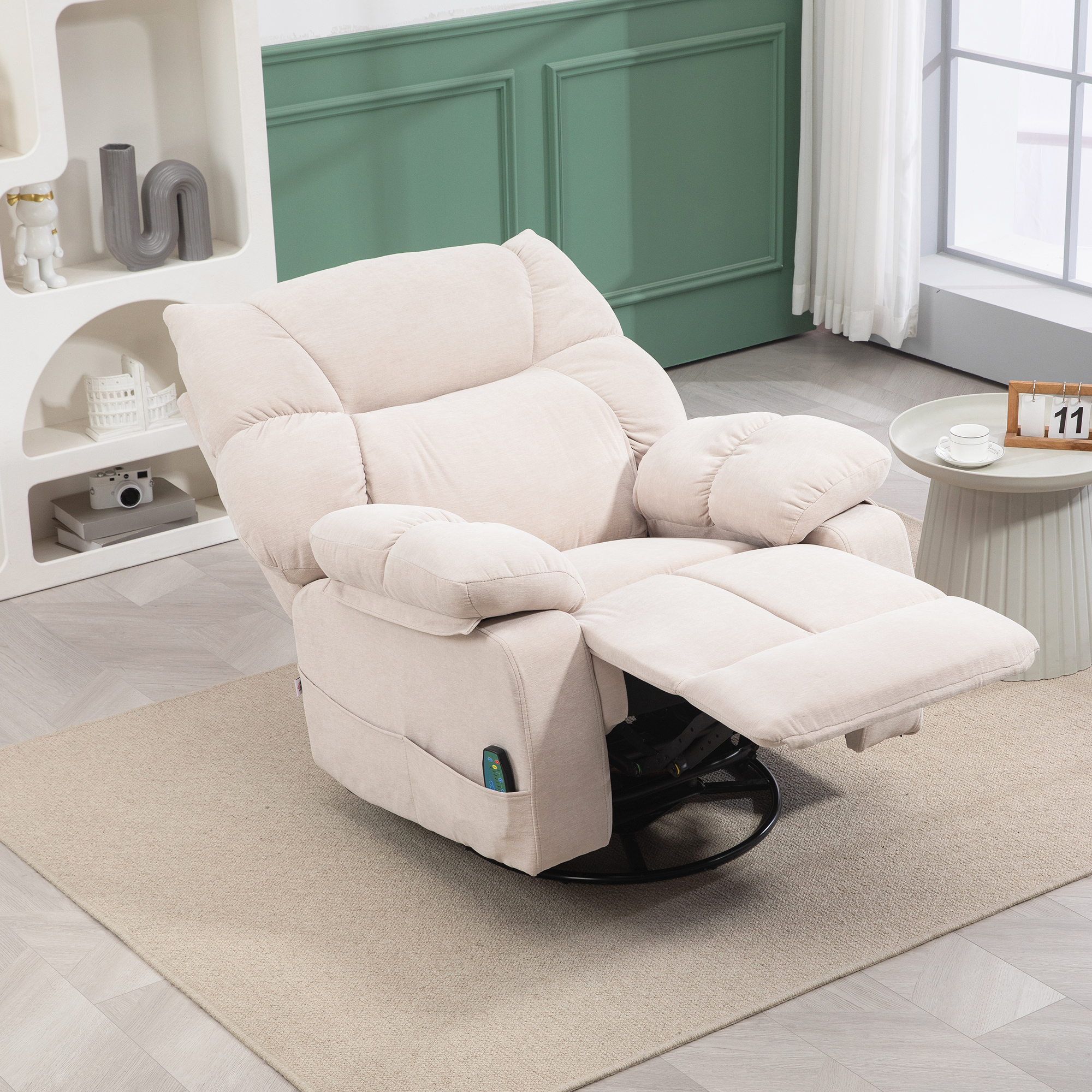 HOMCOM Massagestoel met Verwarmings- & Ligfunctie, Draaibaar, tot 150 kg, Metaal Frame, 98x90x98cm, Beige