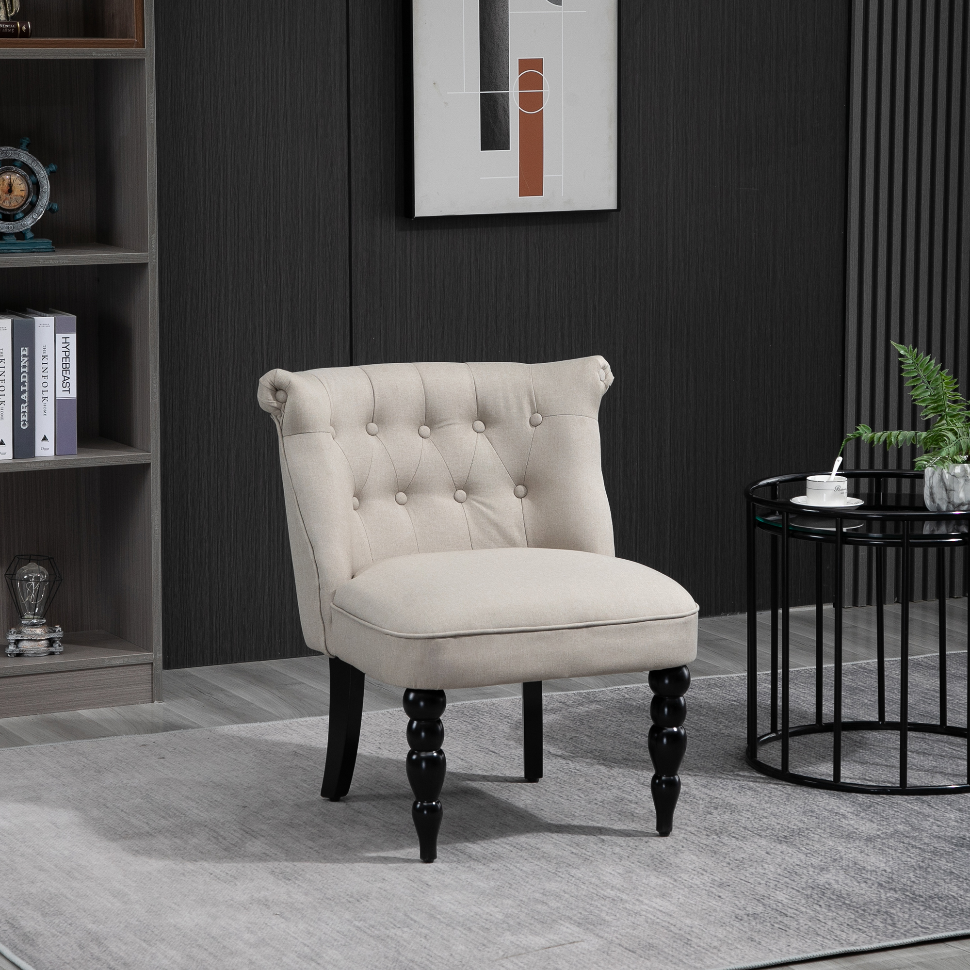 HOMCOM Relaxsessel Vintage Ruhesessel Relaxstuhl Polstersessel Esszimmerstuhl Leinenbezug Holzgestell Beige+Schwarz 67 x 67 x 78 cm