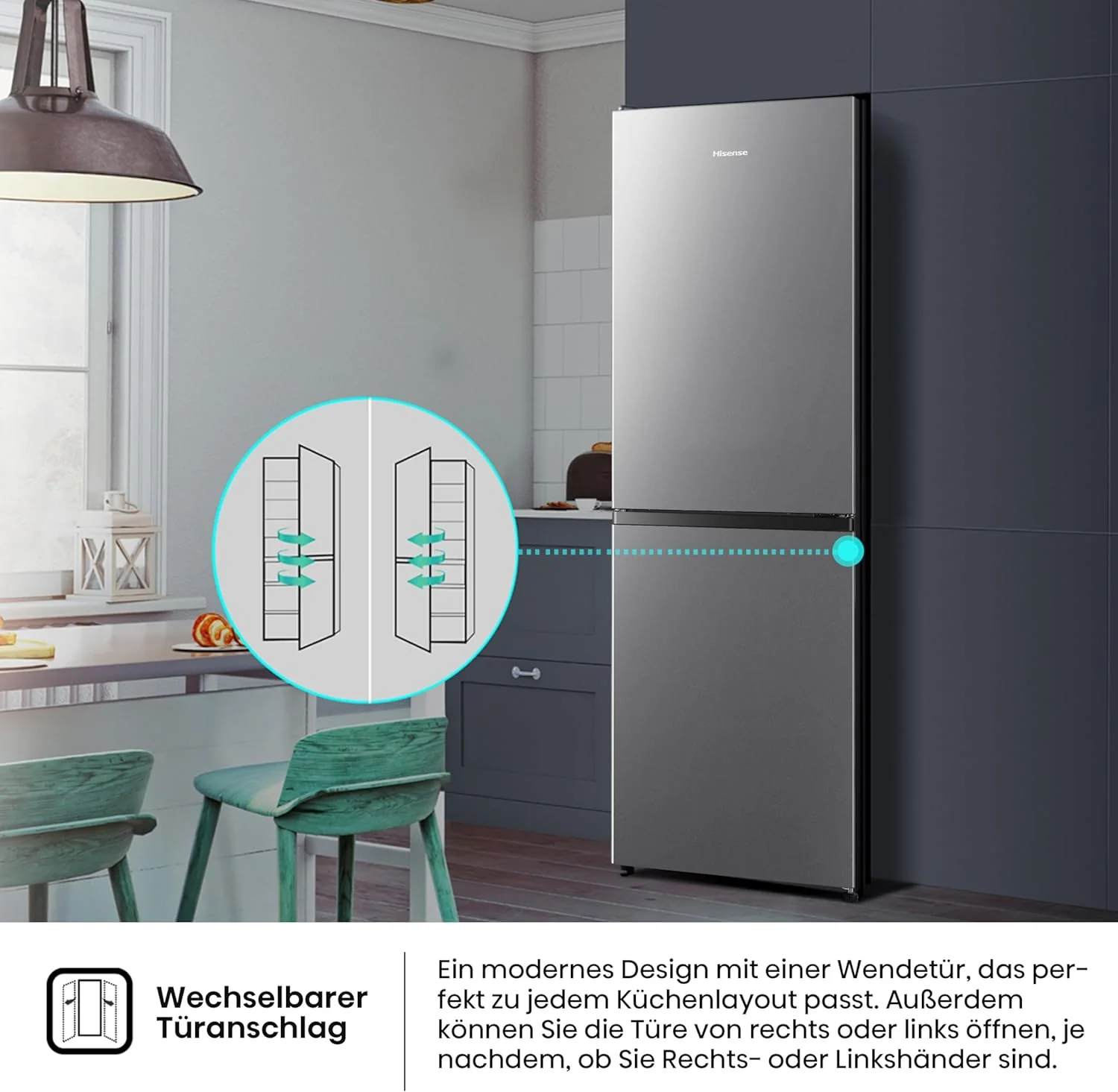 Hisense RB327N4ADD Koelvriescombinatie, EEK D, Total NoFrost, Verwisselbare Deurscharnieren, Flessenrek, 171 Liter Koelgedeelte, 85 Liter Vriesgedeelte, Roestvrijstalen look
