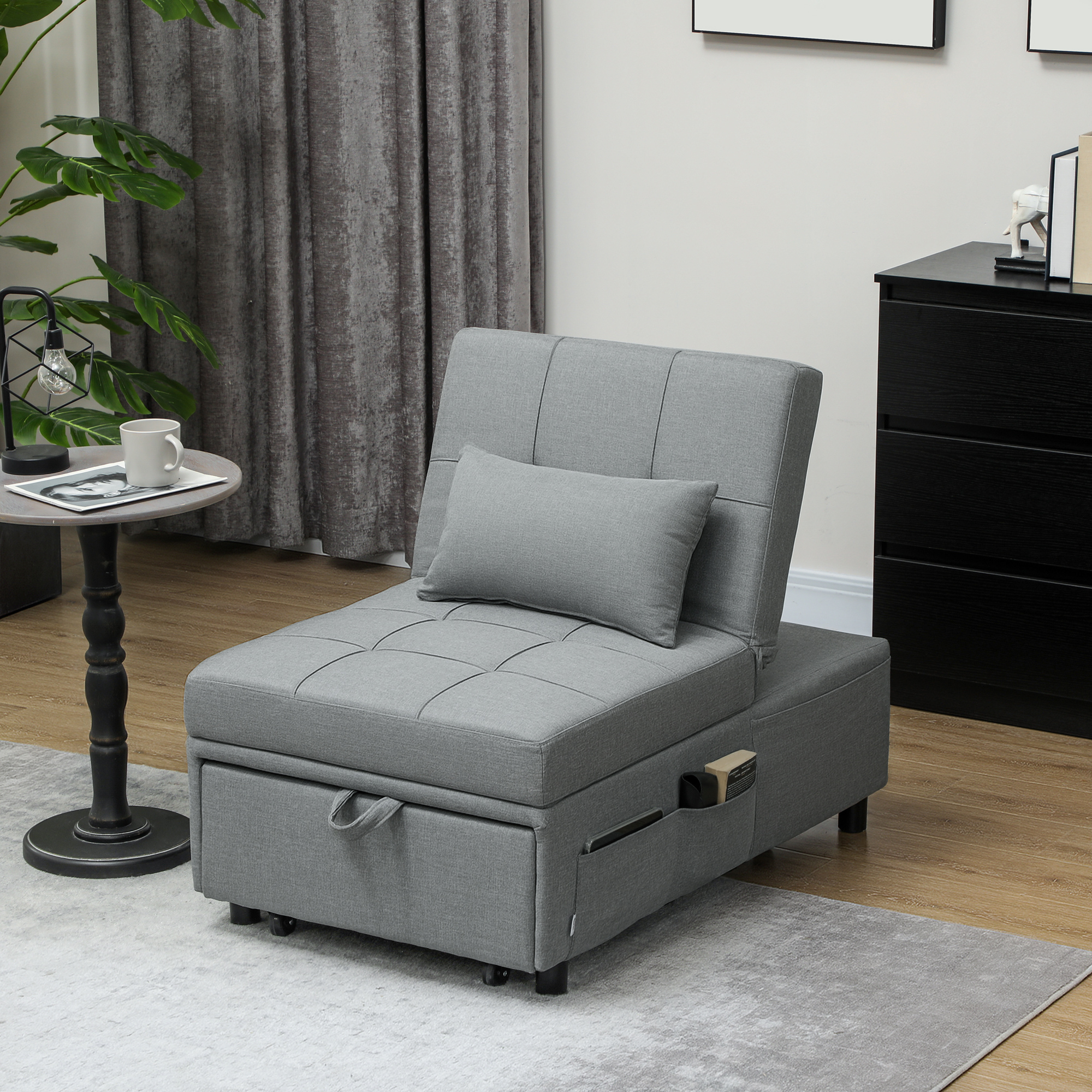 HOMCOM 3-in-1 Klappsessel mit Seitentasche, Gästebett mit Kissen, Verstellbarer Rückenlehne, Bettsessel mit Rollen, Hellgrau