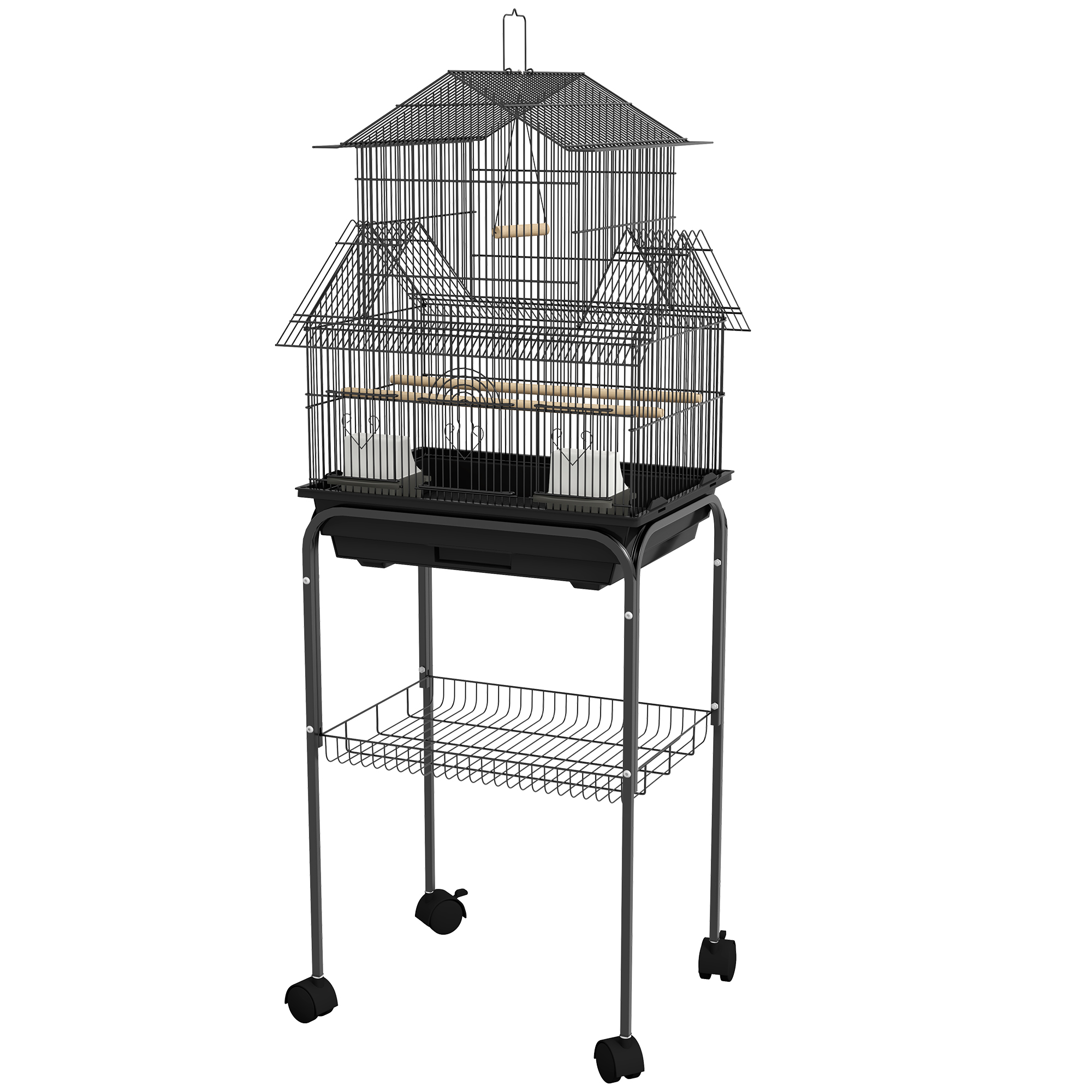 PawHut Vogelkäfig Design-Haus Futternäpfe Sitzstangen 3 Türen Kotboden abnehmbar + Griff zum Transport schwarz