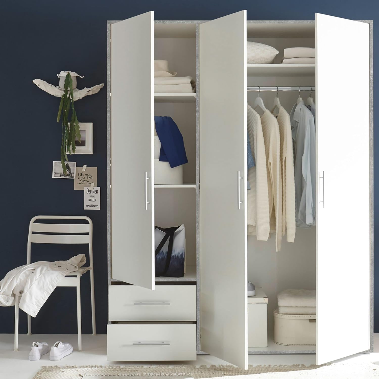 VALENCIA White Concrete Effect Wardrobe with 3 Doors Very Large Capacity Versatile with Hinged Doors for Your Bedroom, 155 x 195 x 60 cm, W x H x D
