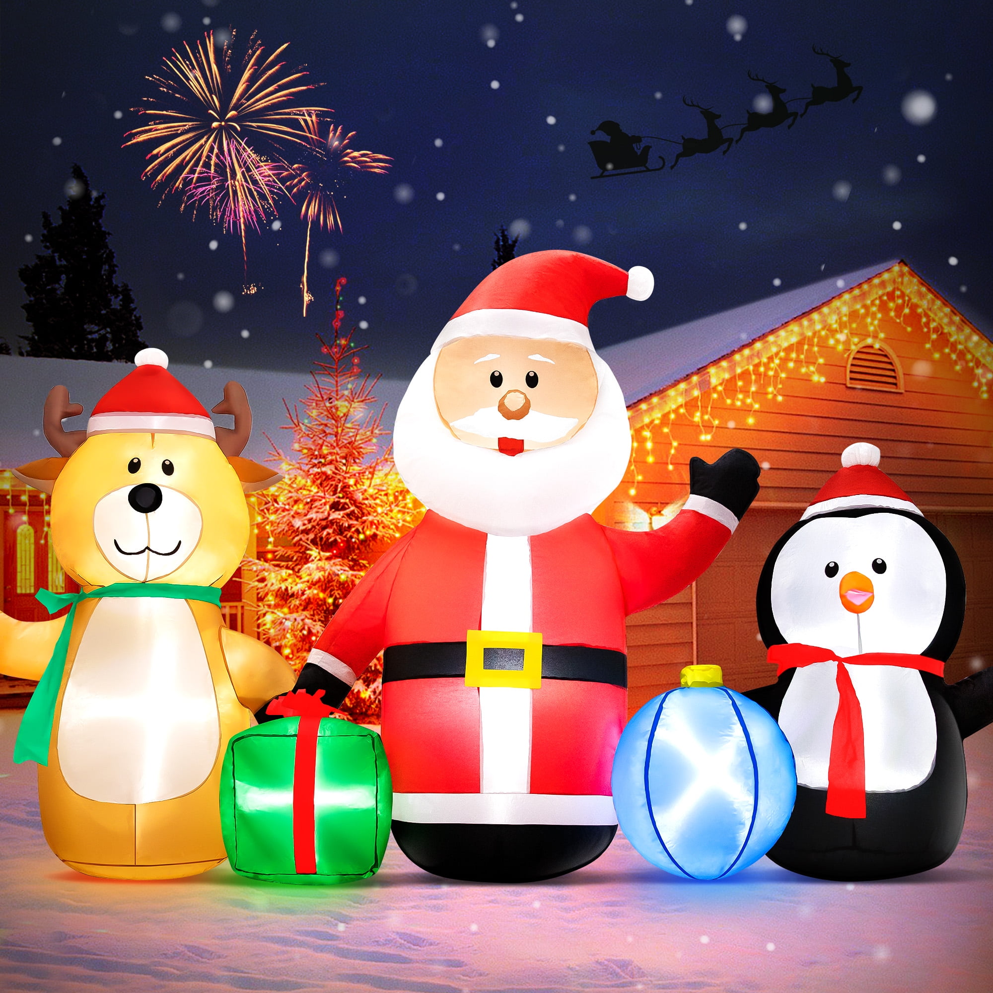 Vrilay 7.3ft Christmas Inflatable Santa Elk Penguin with LED Lights for Outdoor Yard Decor