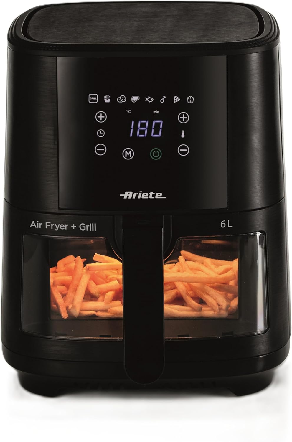 Ariete 4630 Friggitrice ad aria 9L, 1500 W, Capacità 9L, Capacità di cottura 2,5kg, 8 programmi preimpostati, Temperatura fino a 200°, Cestello trasparente per controllo cottura, Nero