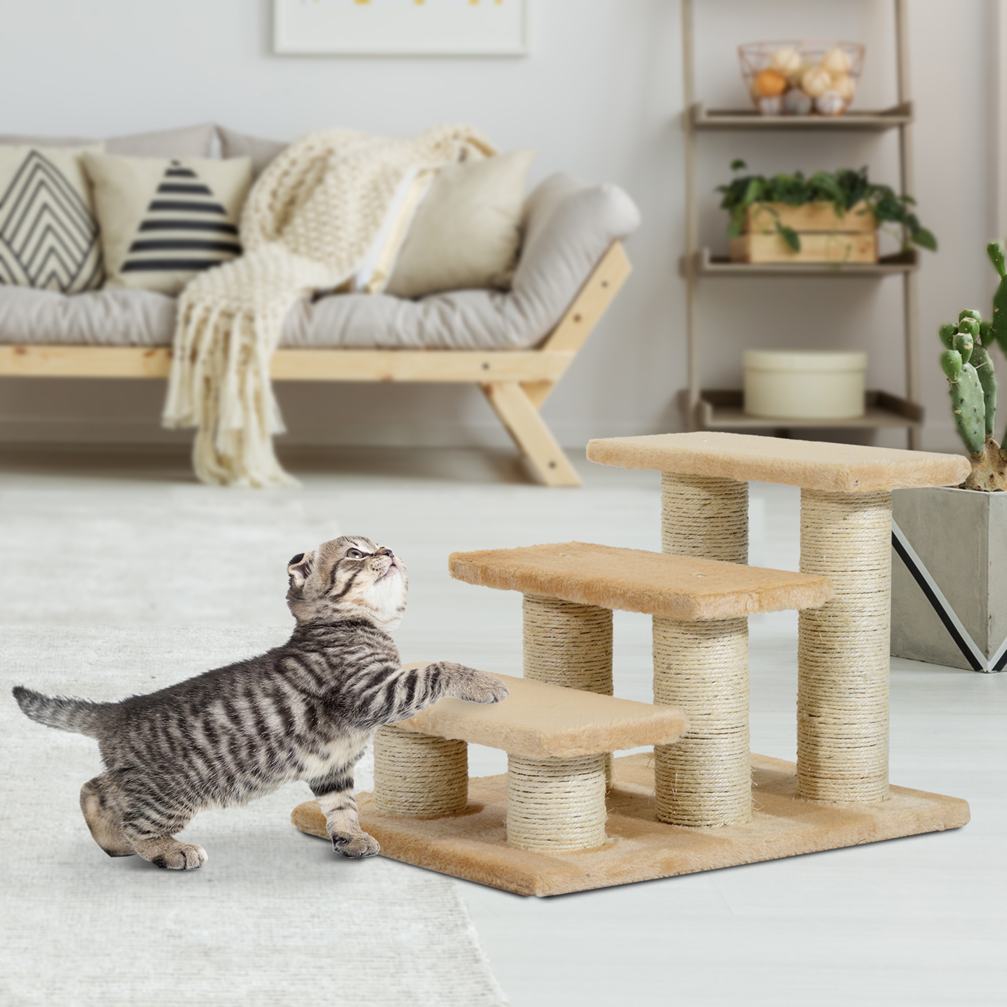PawHut Tiertreppe Katzentreppe Hundetreppe 3 Stufen Treppe für Katze und Hunde Plüsch Creme 45 x 35 x 34 cm