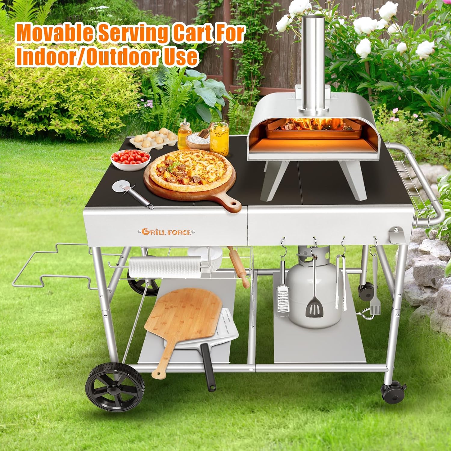 GRILL FORCE Outdoor Pizza Oven Table Stand – Fits Ooni, Ninja, Blackstone Grills, 3-Shelf, Mobile with Lockable Wheels