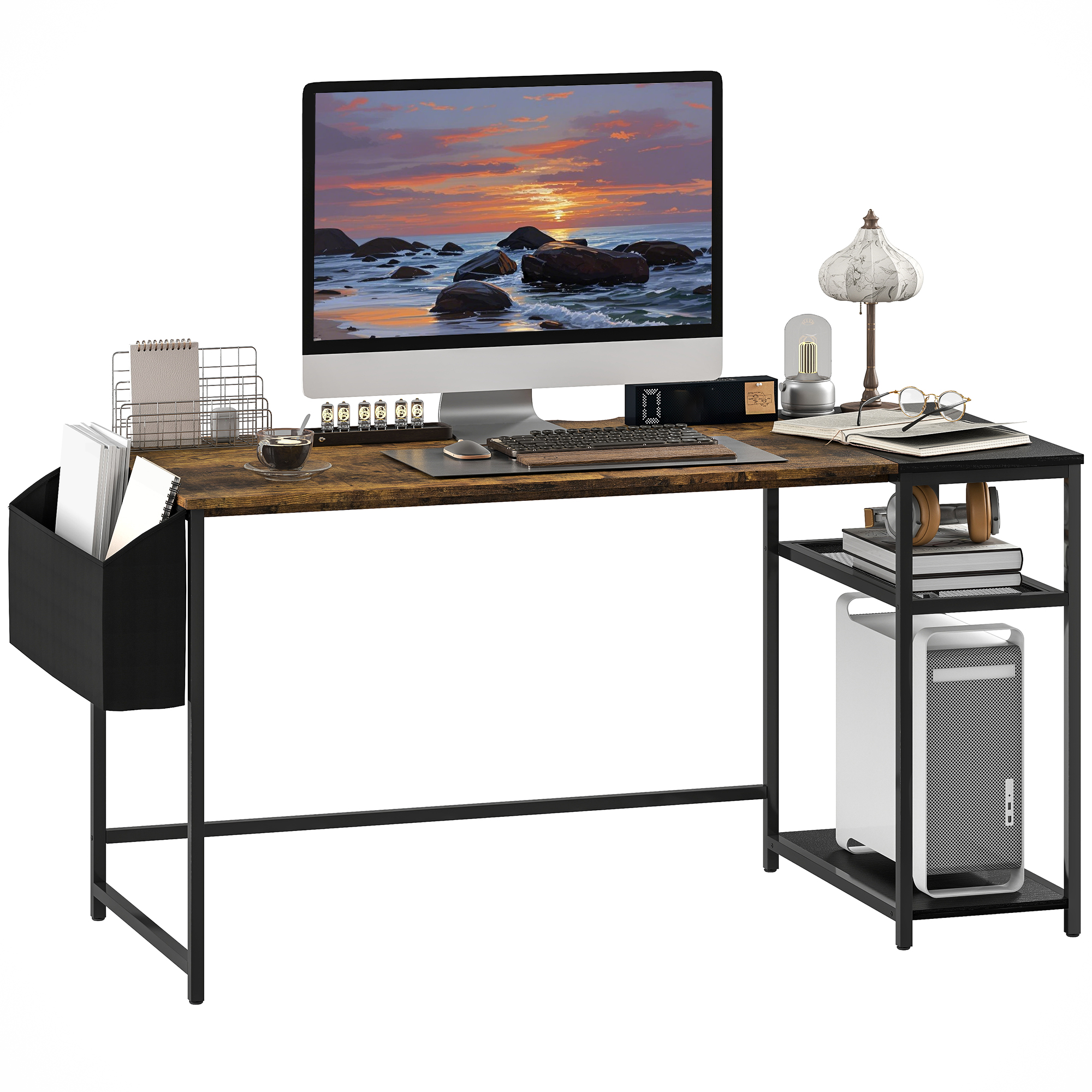HOMCOM Computertisch 150 x 60 cm mit umkehrbaren Regalen und Stofftasche, für kleine Räume, Braun