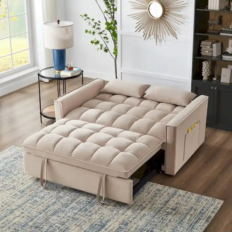 4-in-1 Pull-Out Sleeper Sofa Bed - Loveseat in Velvet -Convertible Couch Bed with Reclining Backrest,2 Side Pockets